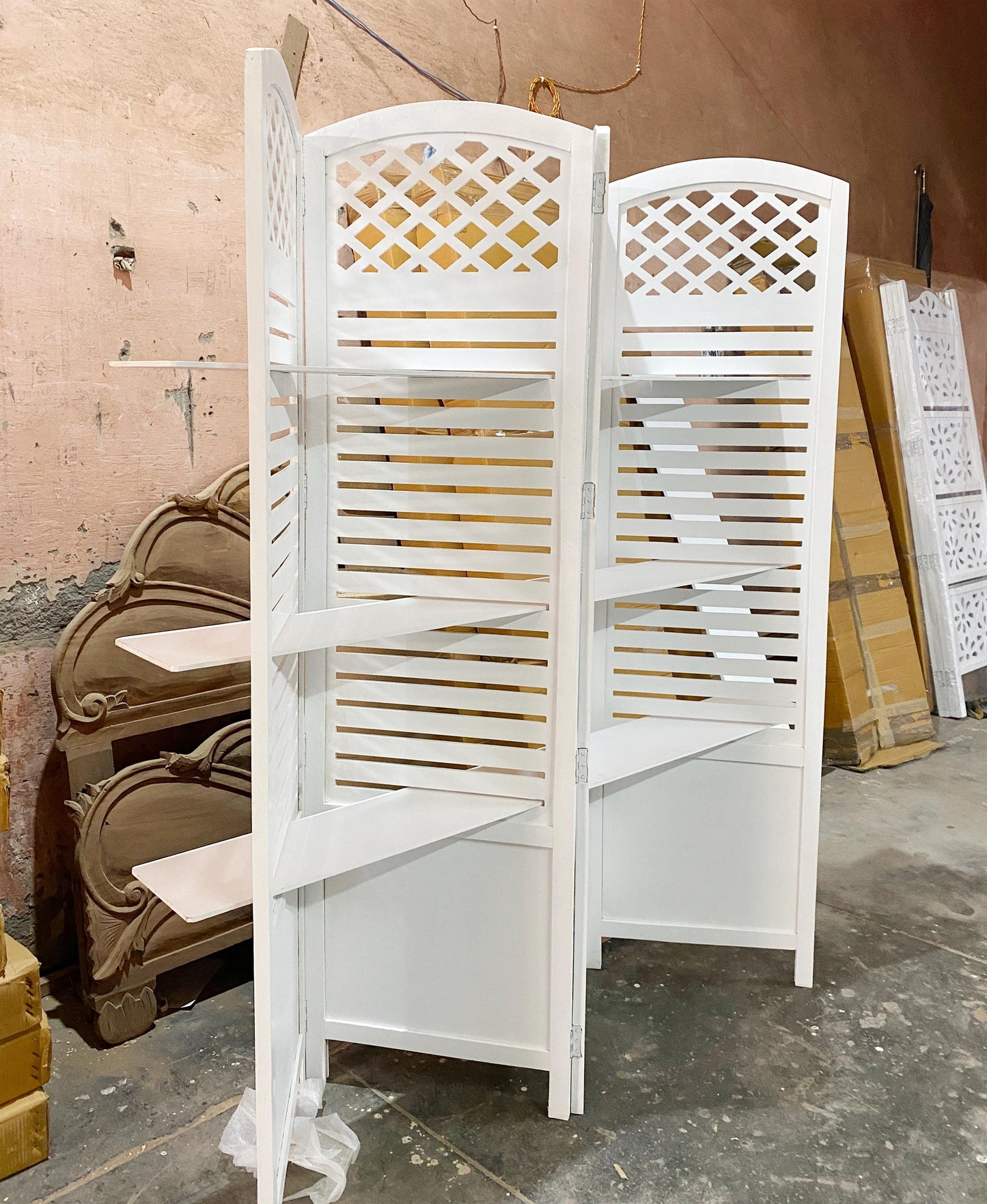 Handmade Wooden Folding Room Divider with Shelves: Home Decor Screen