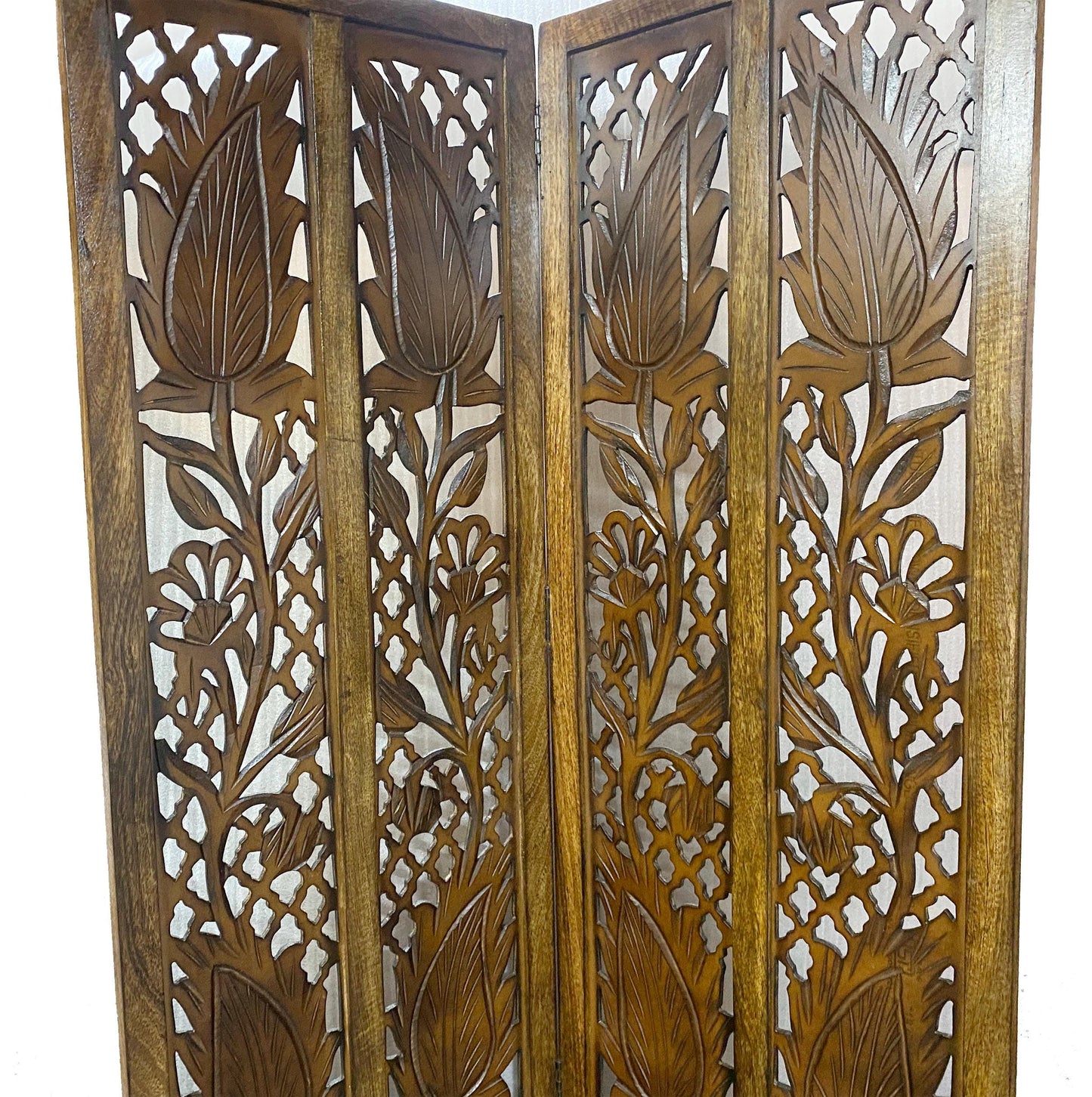 Mid century Brown Mesh Design Wooden Folding Divider, Partition, Handmade Self standing screen