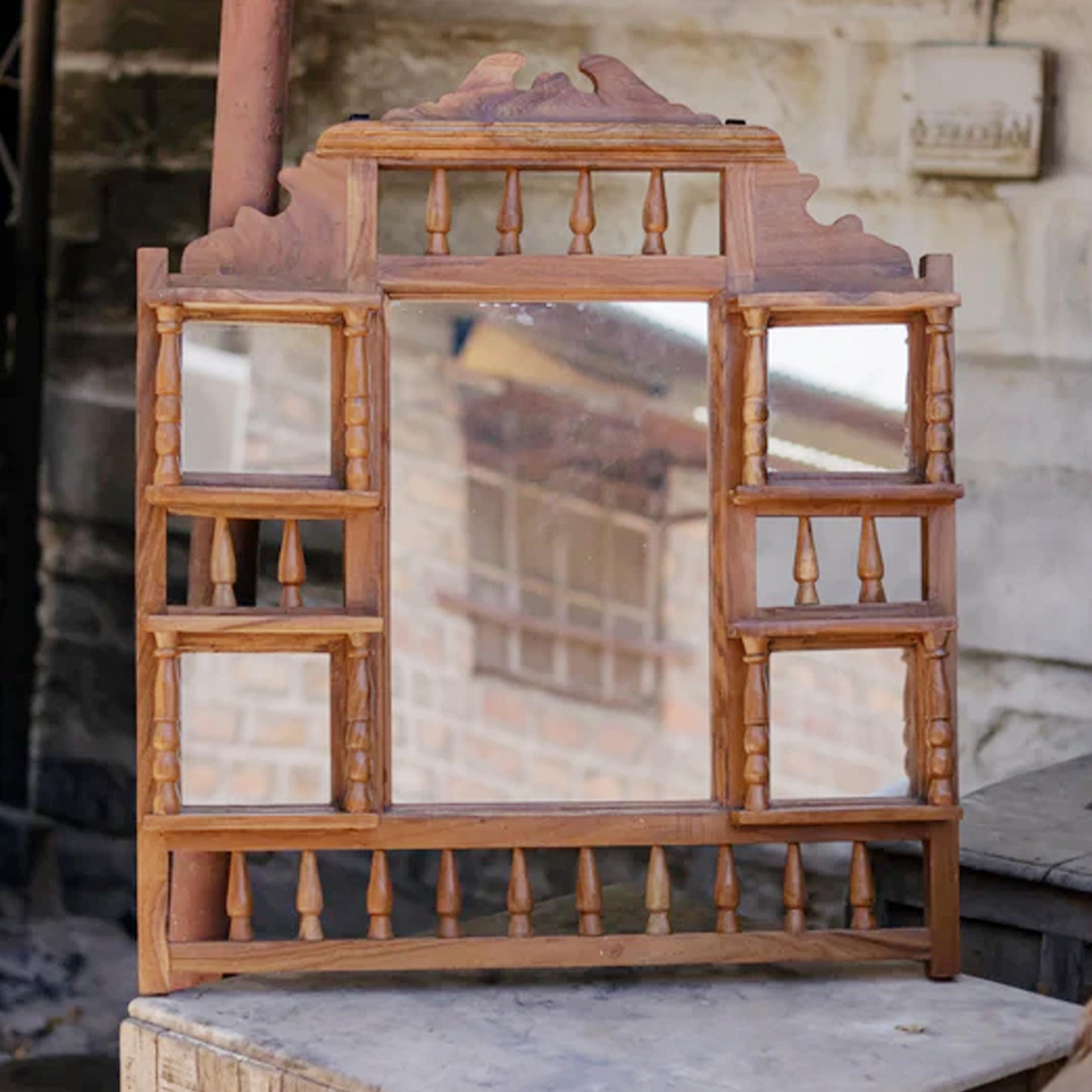 Mid Century Wooden Wall Mirror: Handmade Carved Wood Frame