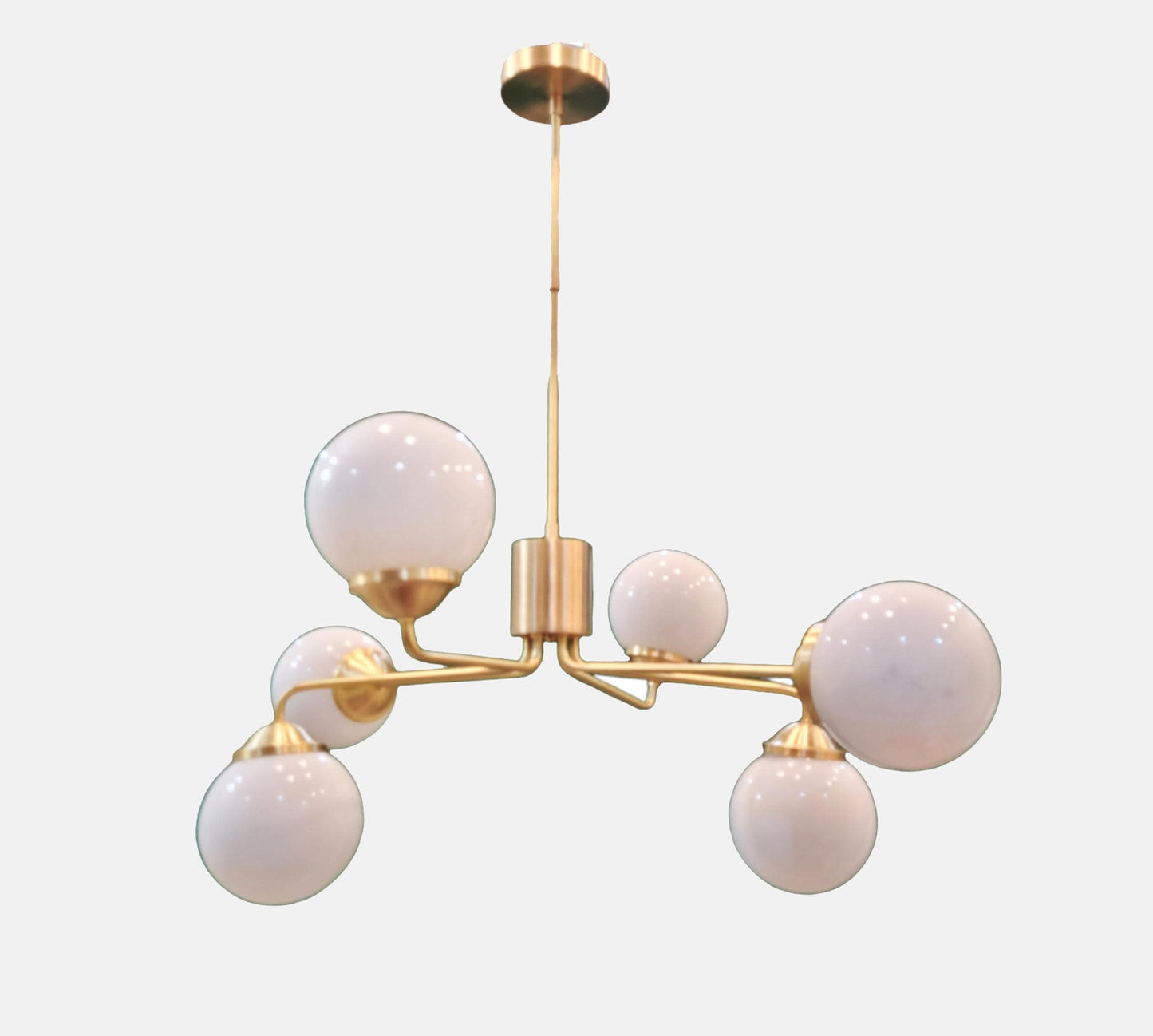 Opal Globe Sputnik Chandelier: Raw Brass Mid Century Modern Light