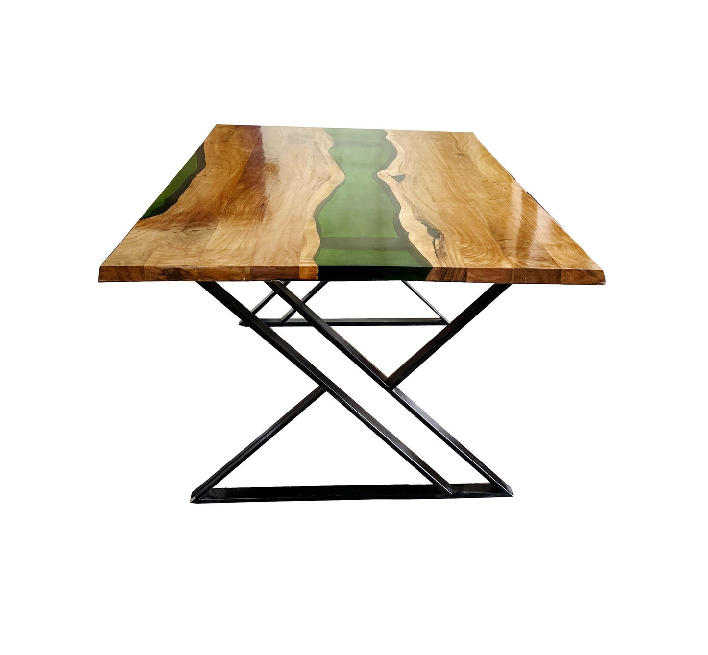 Handmade Live Edge Teak & Epoxy Dining Table with Metal Legs