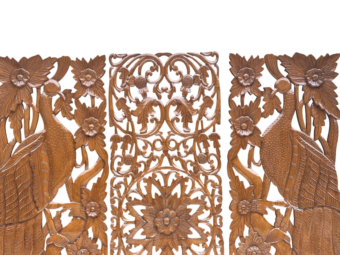Hand Carved Wood Peacock & Flower Wall Decor - 7 ft Brown Hanging Fixture
