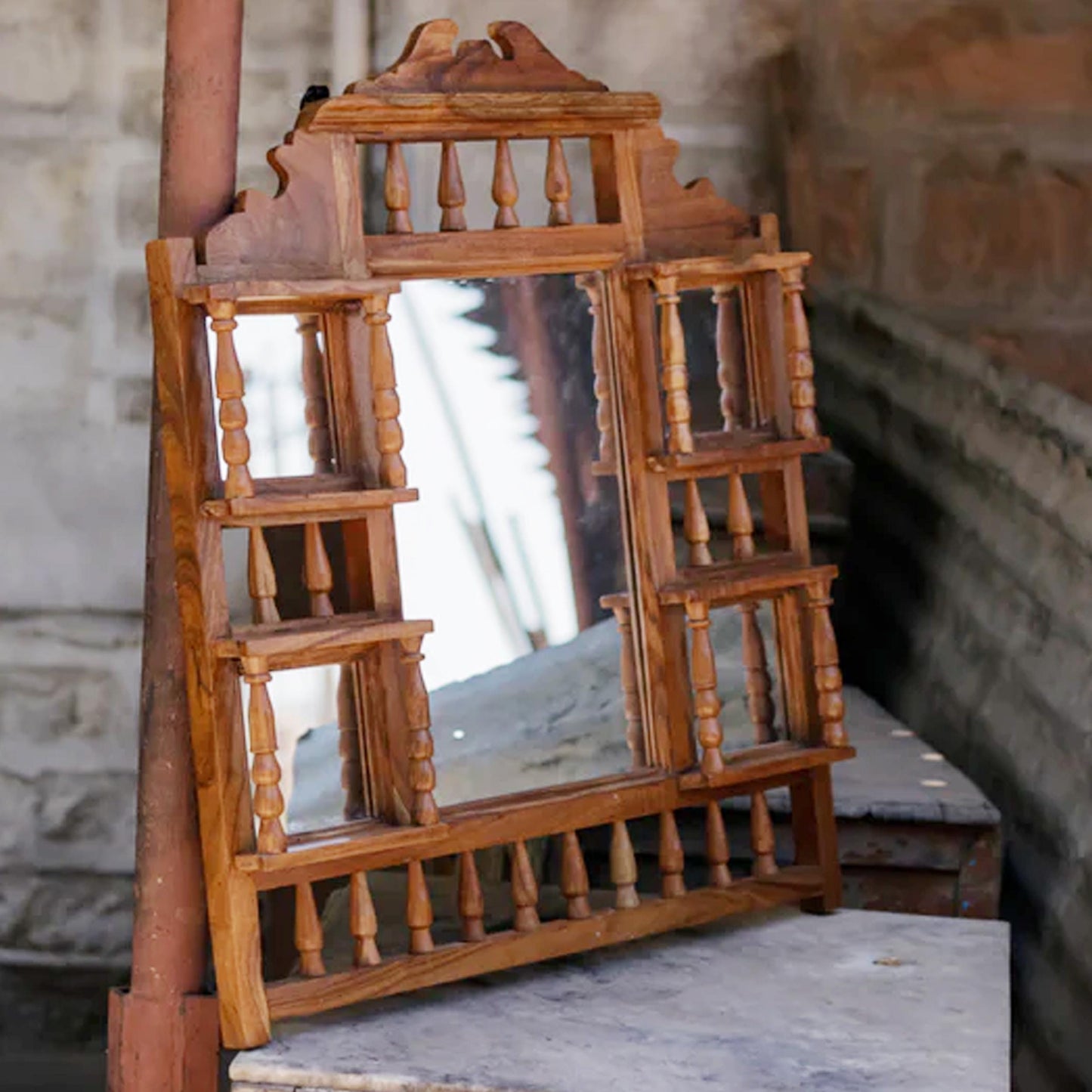 Mid Century Wooden Wall Mirror: Handmade Carved Wood Frame