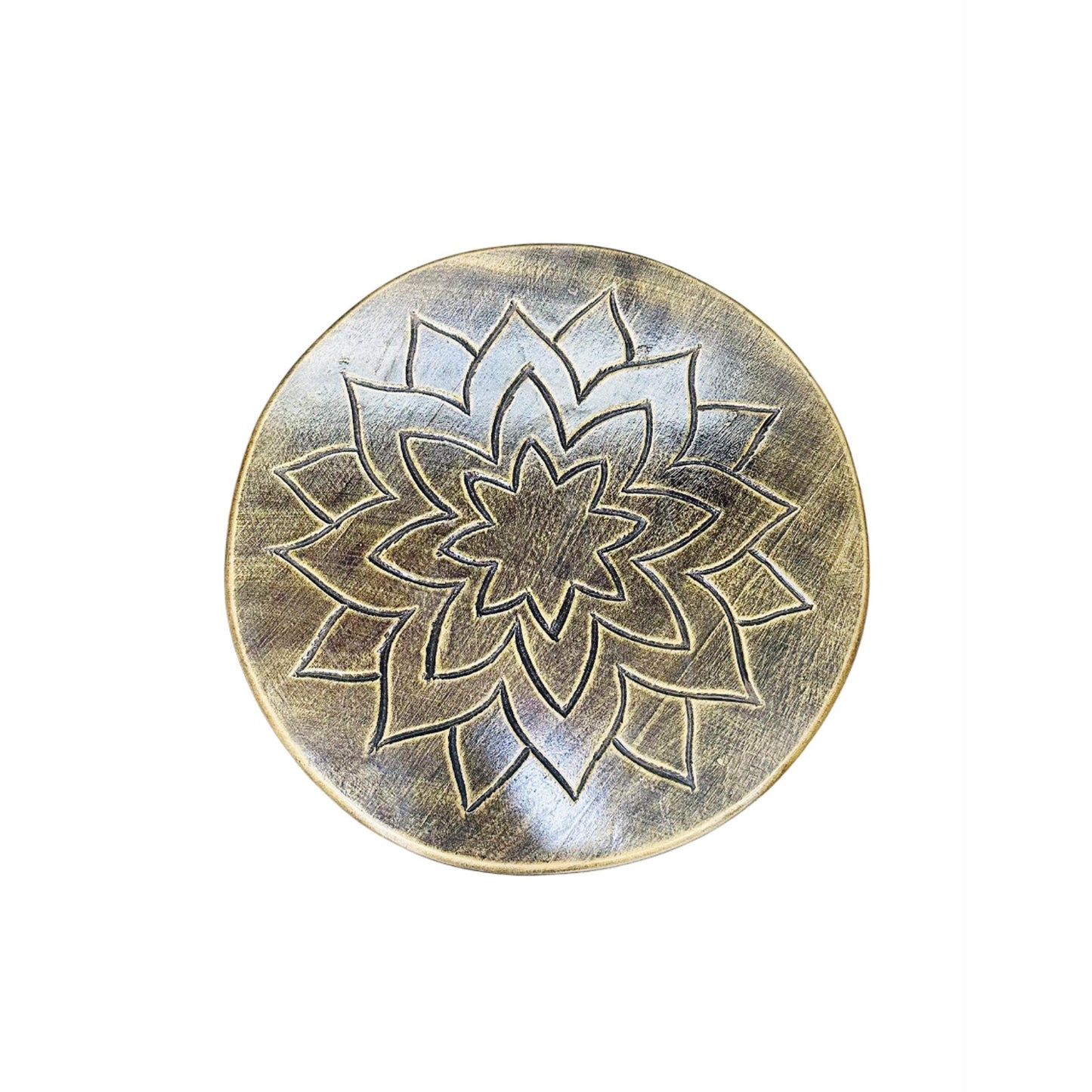 Hand Carved Mango Wood End Table: Rustic Gold Lotus Design