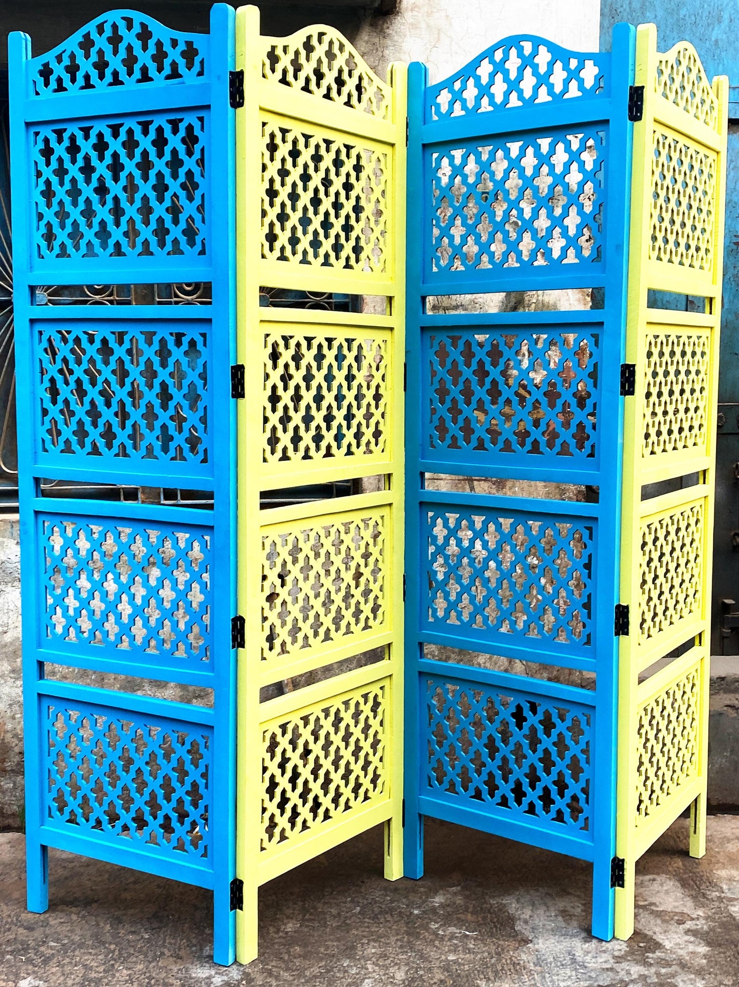 Mid Century Mesh Design Wooden Divider Folding partition, yellow/Blue Self standing divider