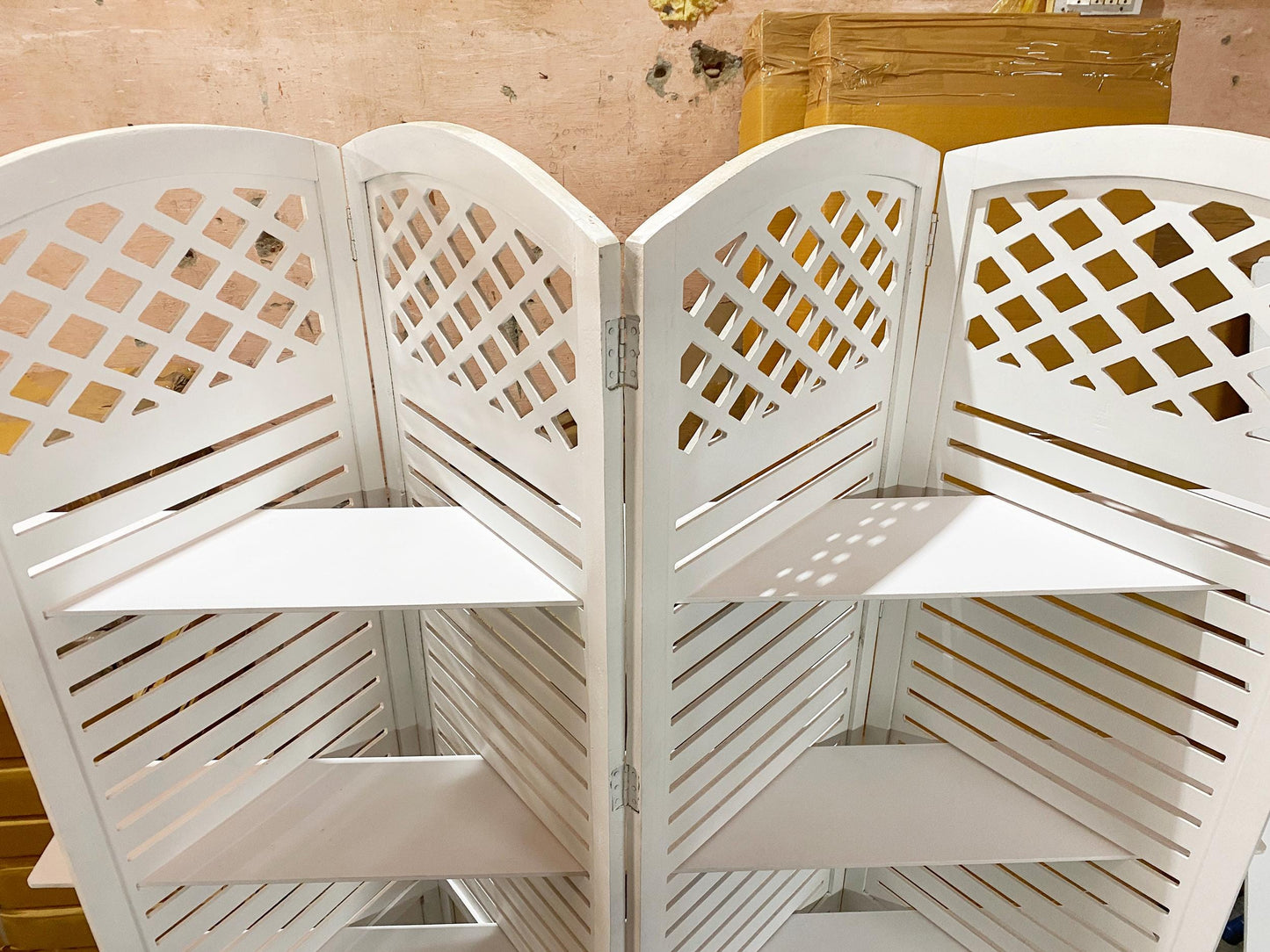 Handmade Wooden Folding Room Divider with Shelves: Home Decor Screen