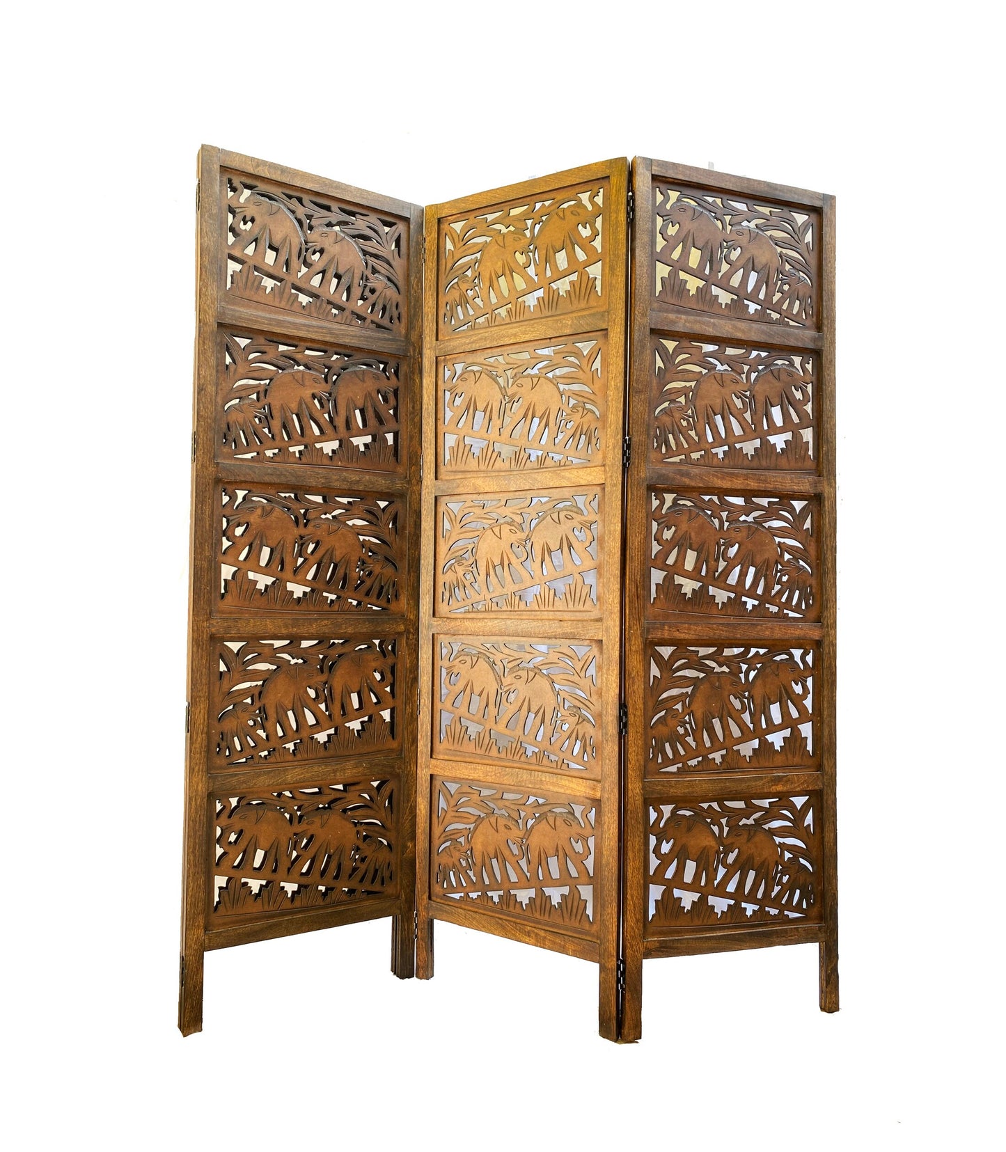 Mid century Elephant carving Design Wooden Folding Divider, Partition, Handmade Self standing separator