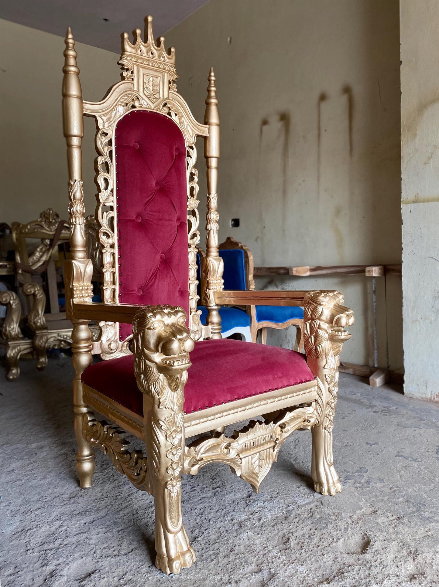 Hand Carved Gold Lion Throne Chair: Rococo Style, Tufted Cushion