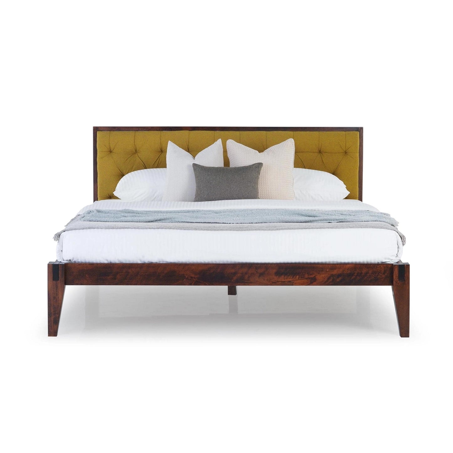 Tufted Upholstered Bed Frame: Solid Wood, Dark Oak Finish, Bohemian Style