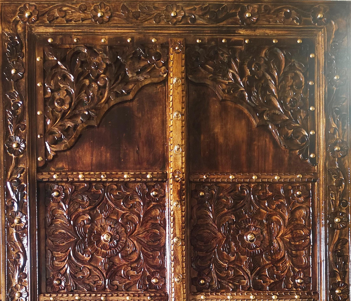 Hand Carved Wood Door Panel: Antique Brown Wall Decor