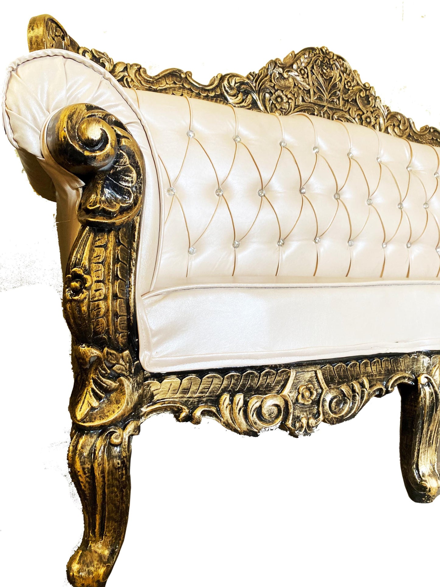 Hand Carved Louis XVI Sofa: Rustic Gold Teak, Cream Upholstery