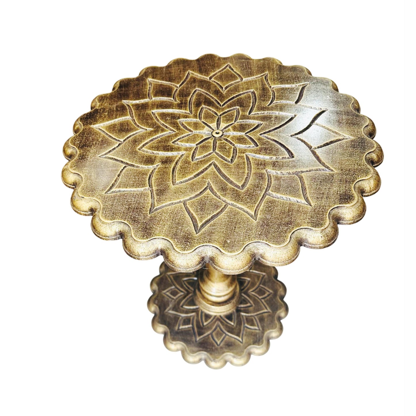 Hand Carved Mango Wood Coffee Table: lotus design rustic gold shade , folding design