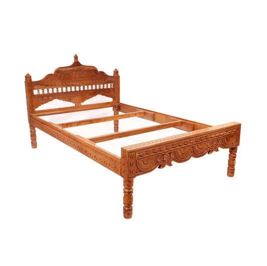 Hand Carved Teak Wood Bed: Folk Art Louis XV Style