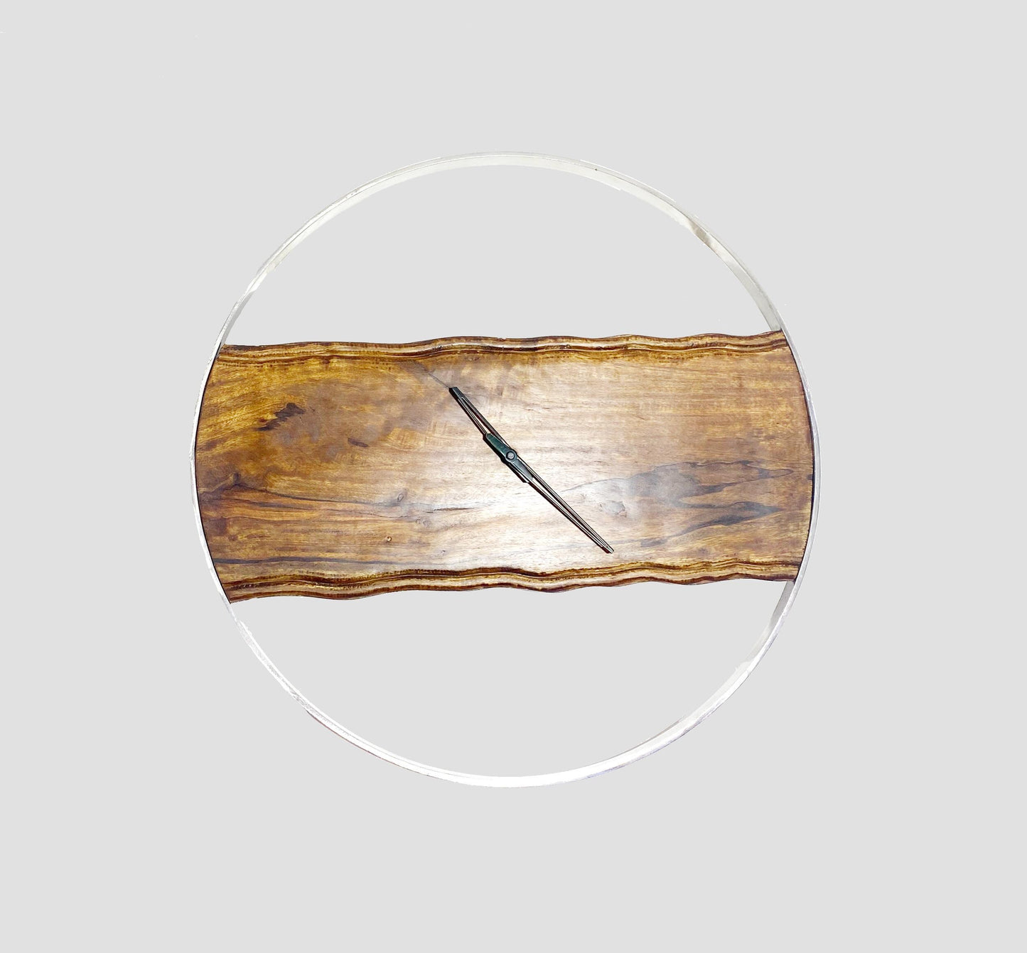 Handmade Mid-Century Modern Wooden Wall Clock with Chrome Ring