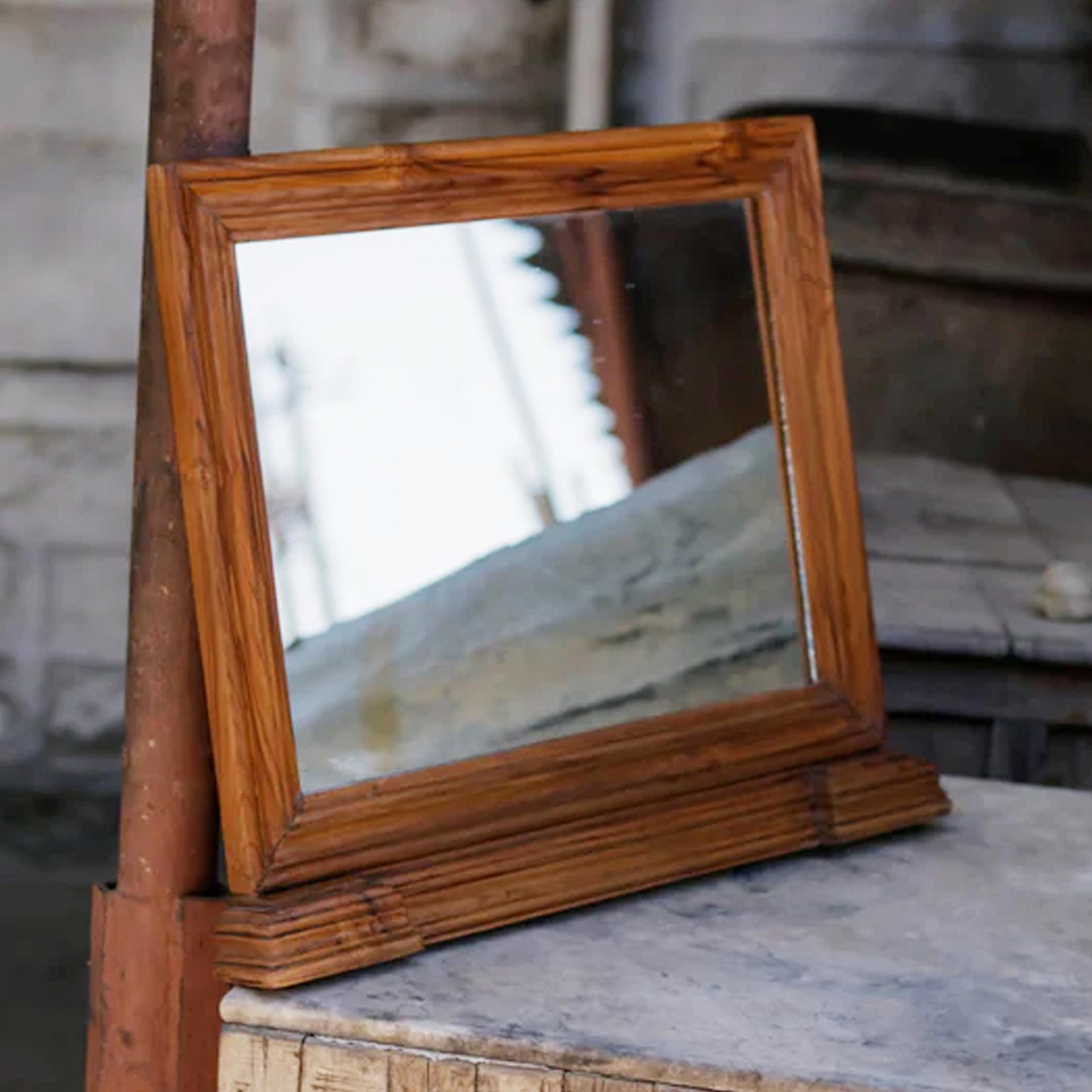 Handmade Mid-Century Wood Wall Mirror: Carved Wooden Frame
