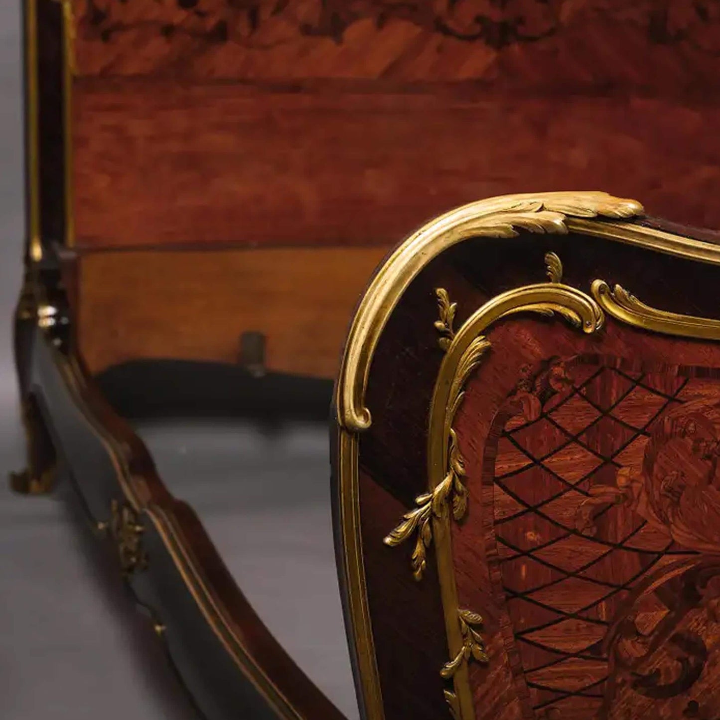 Handmade Marquetry Mahogany King Bed: Gilt Bronze Rococo Style