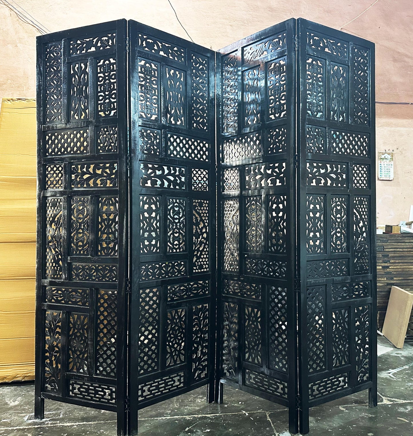 Mid Century Black Wood Folding Room Divider: Handmade Carved Partition Screen