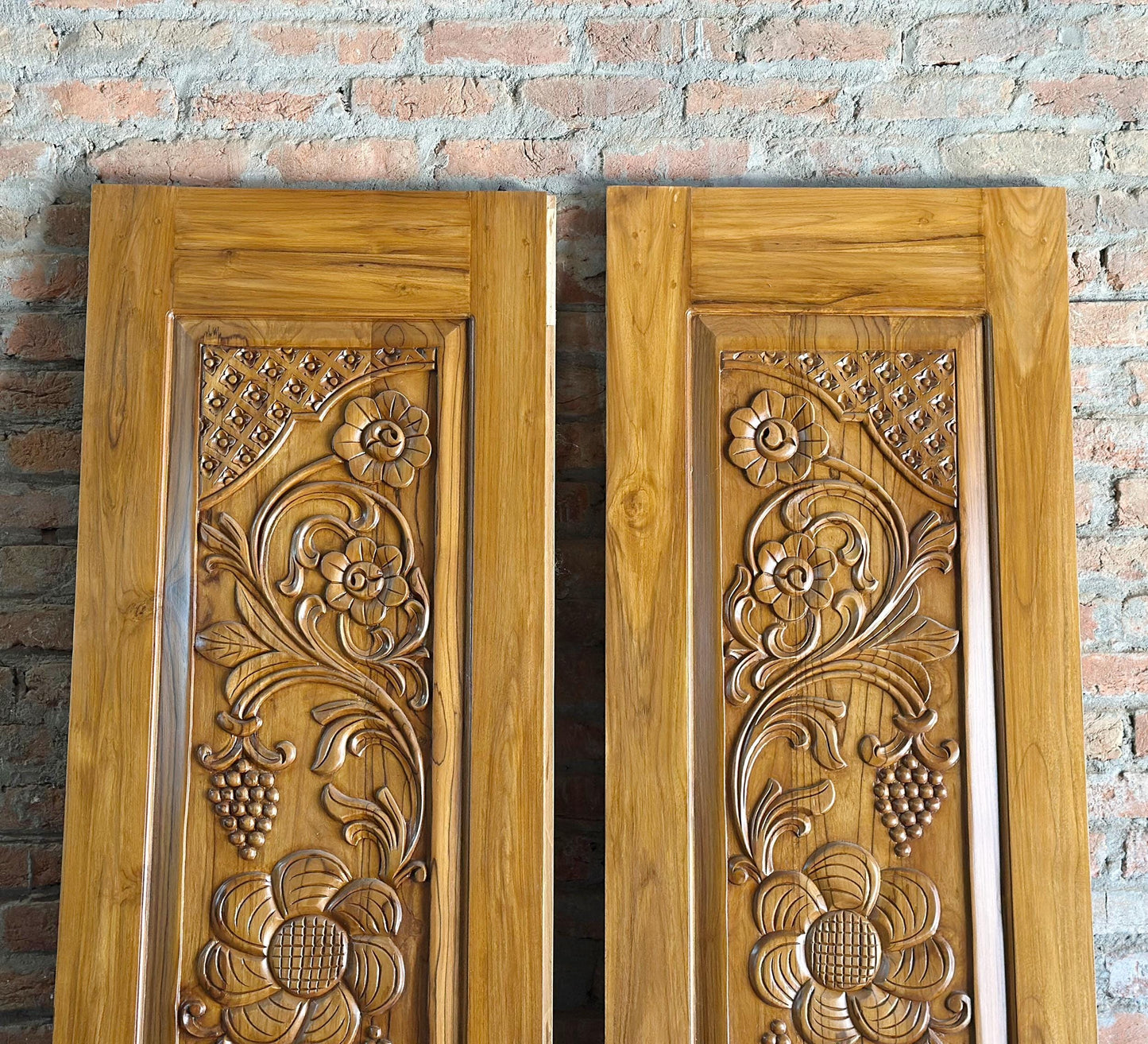 Hand Carved Teak Wood Door: Floral Wall Panel, Custom Size