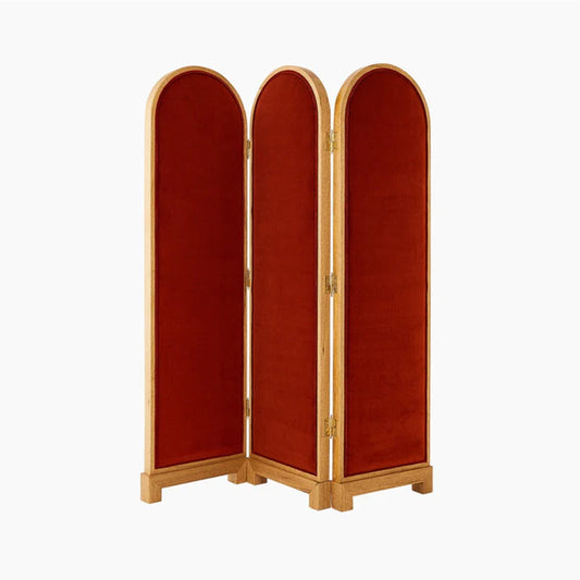 Mid-Century Handmade Wooden divider Red Velvet Fabric Stitching, Wood partition home décor