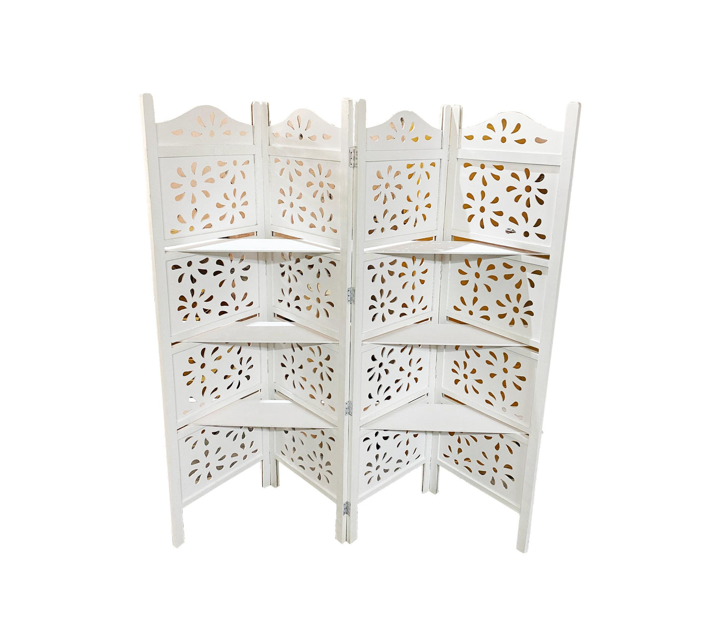 Handmade White Wooden Folding Room Divider with Shelves
