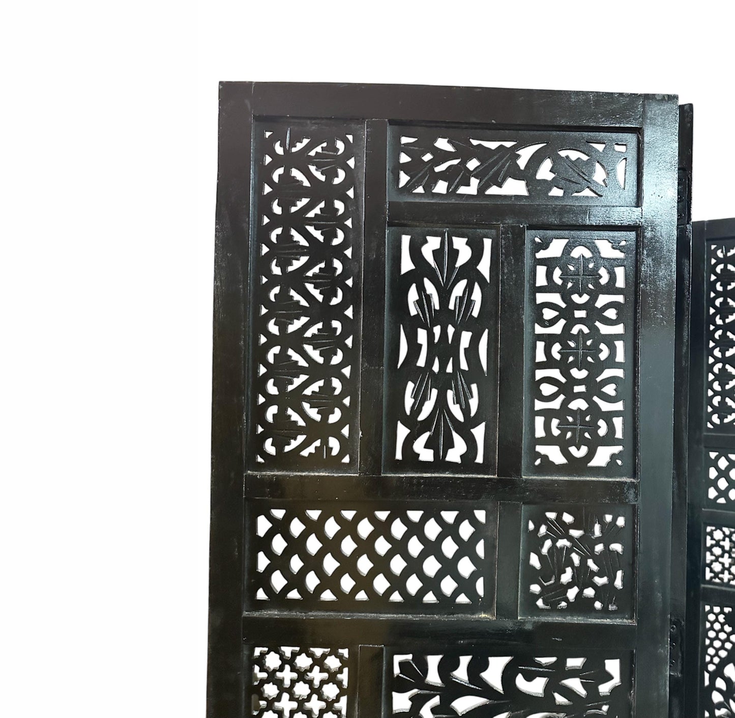 Mid Century Black Wood Folding Room Divider: Handmade Carved Partition Screen