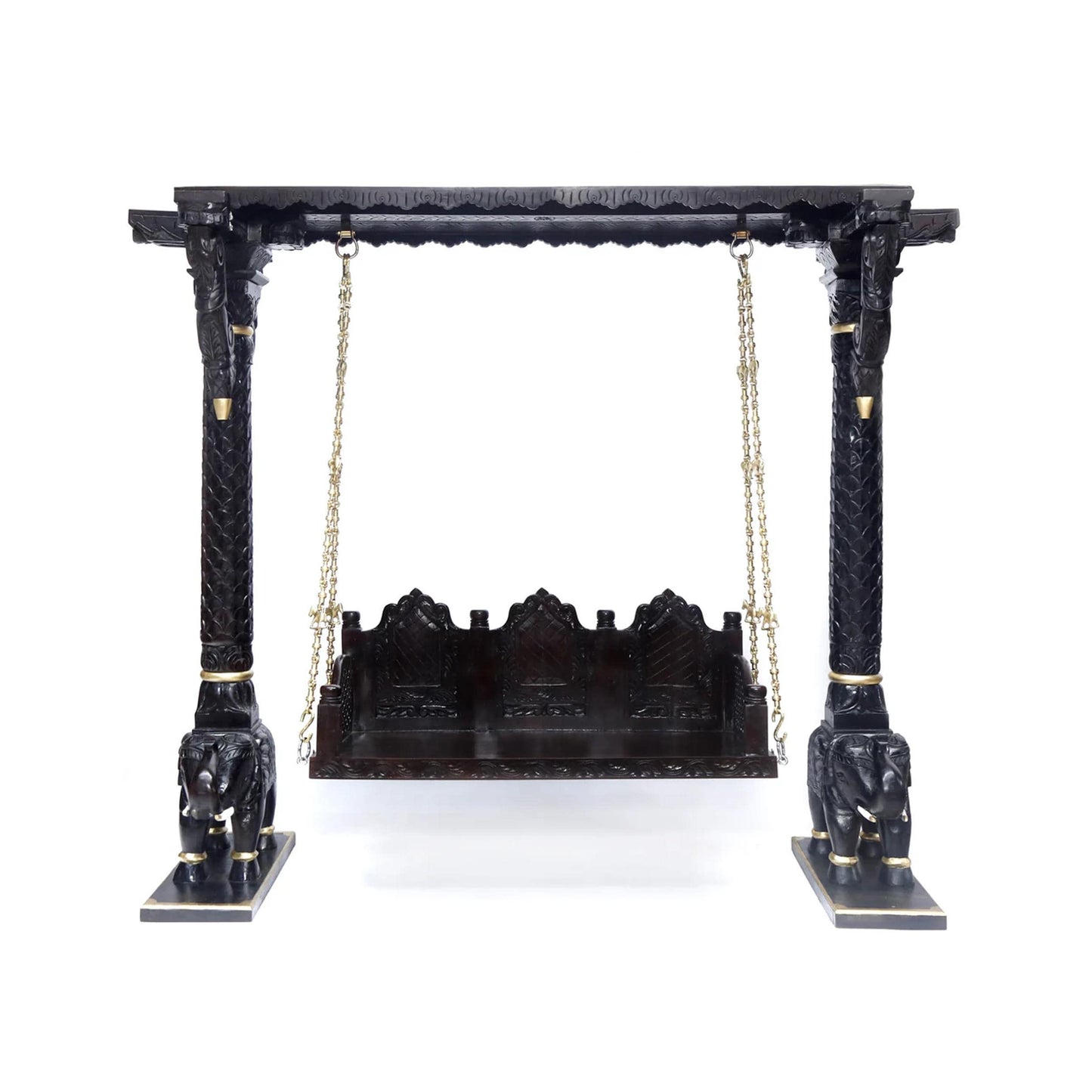 Handmade Teak Wood Swing: Elephant Carving, Brass Chain, Customizable