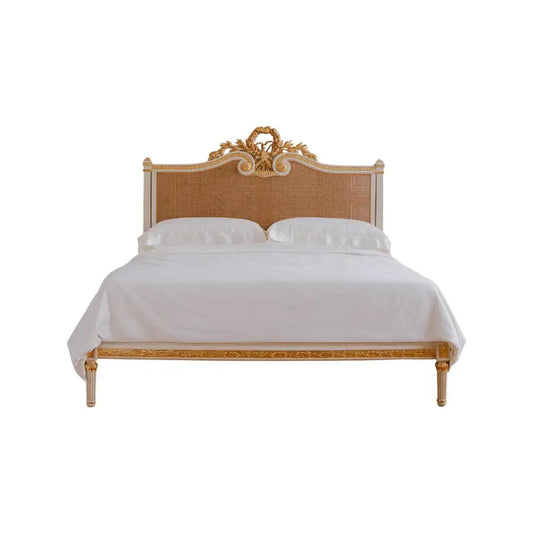 Hand carved Rosace Bed, King Hand Carved in the Louis XVI Style Rattan cane Bohemian Rococo Style gold leaf Bed Frame