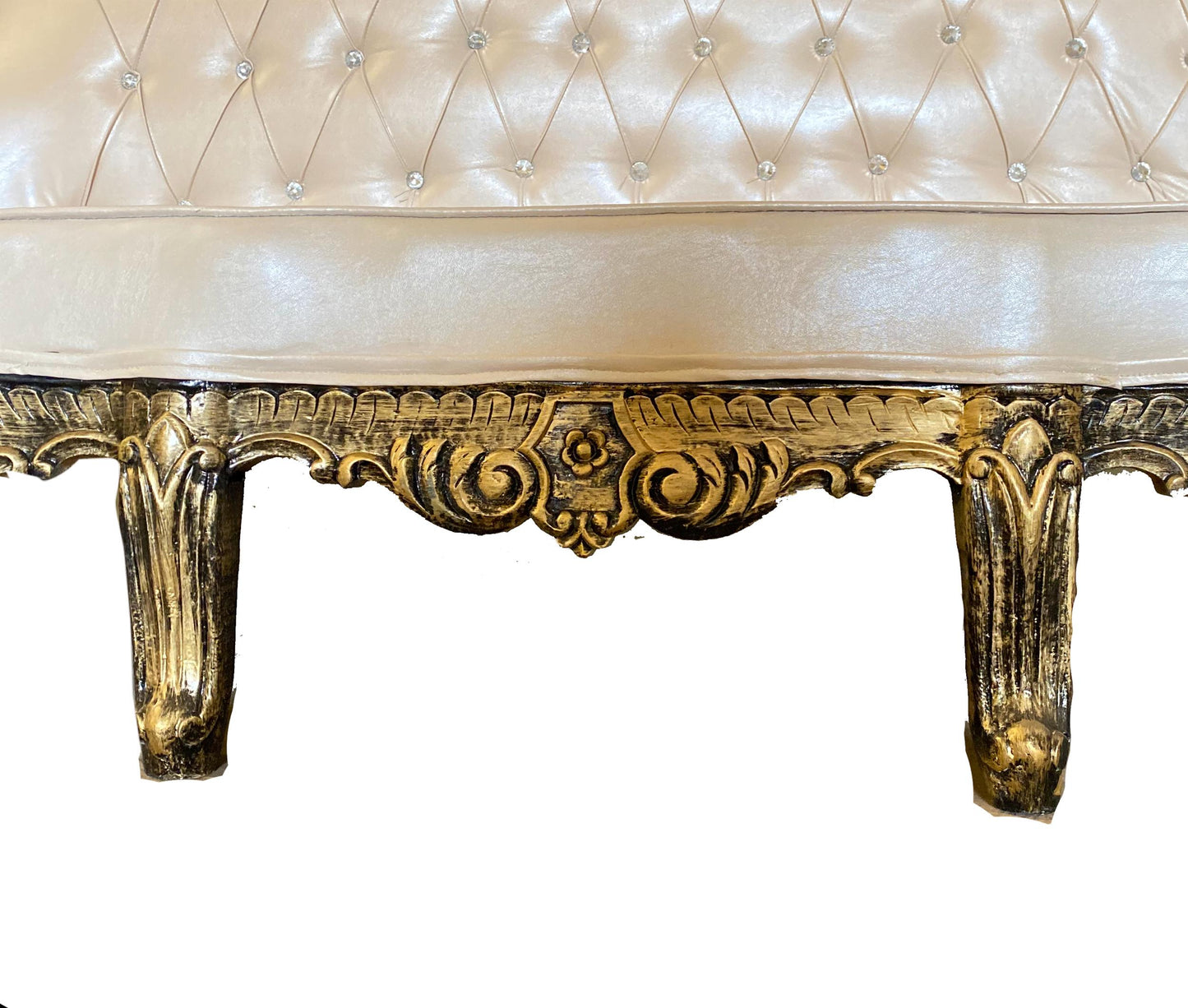 Hand Carved Louis XVI Sofa: Rustic Gold Teak, Cream Upholstery