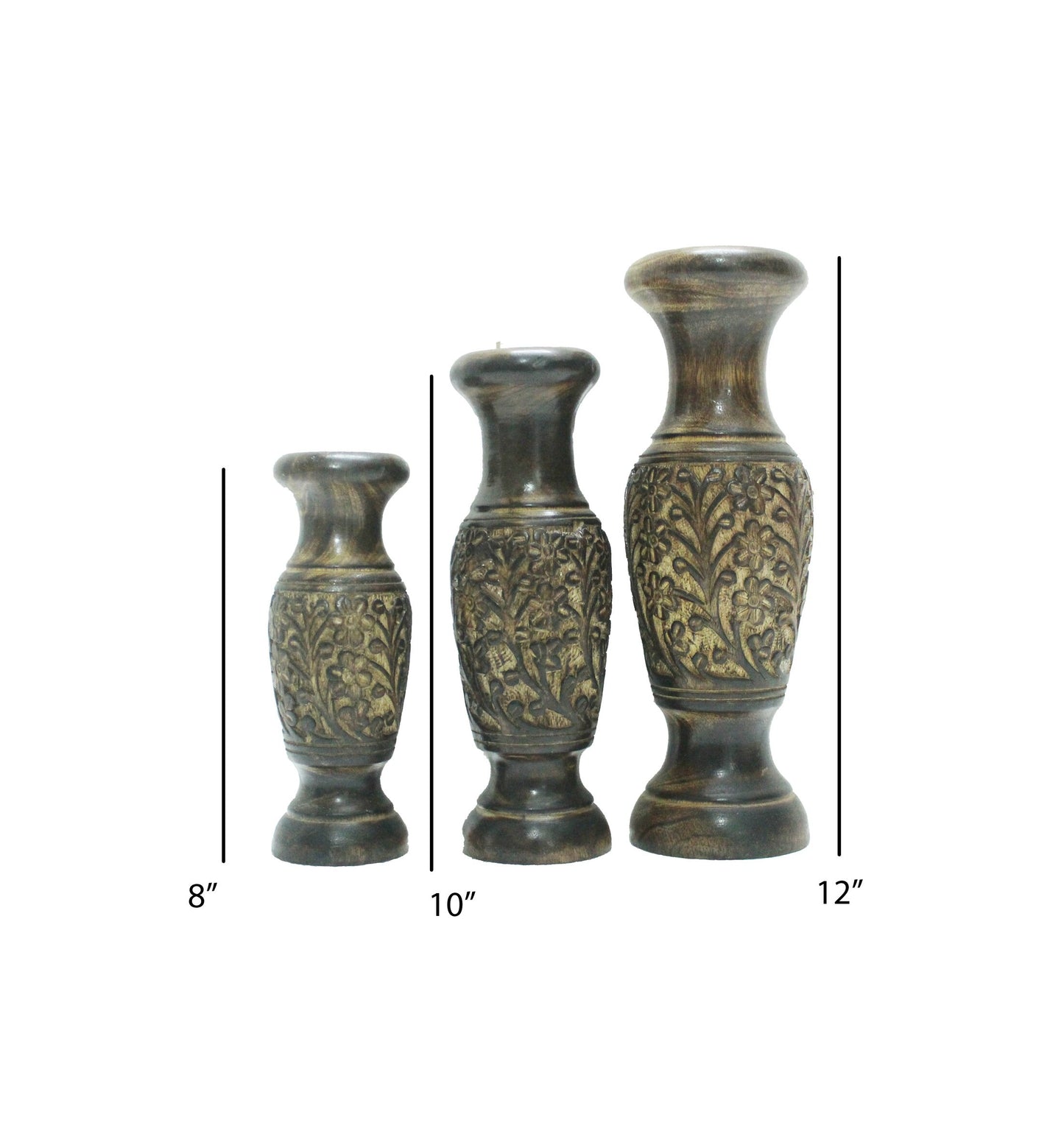 Wooden carved Flower Vase For home décor, Handmade Burned Polished set of 3