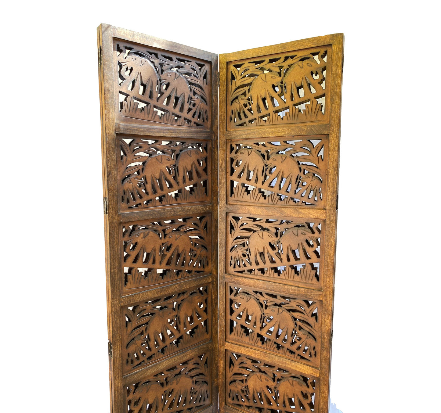 Mid century Elephant carving Design Wooden Folding Divider, Partition, Handmade Self standing separator