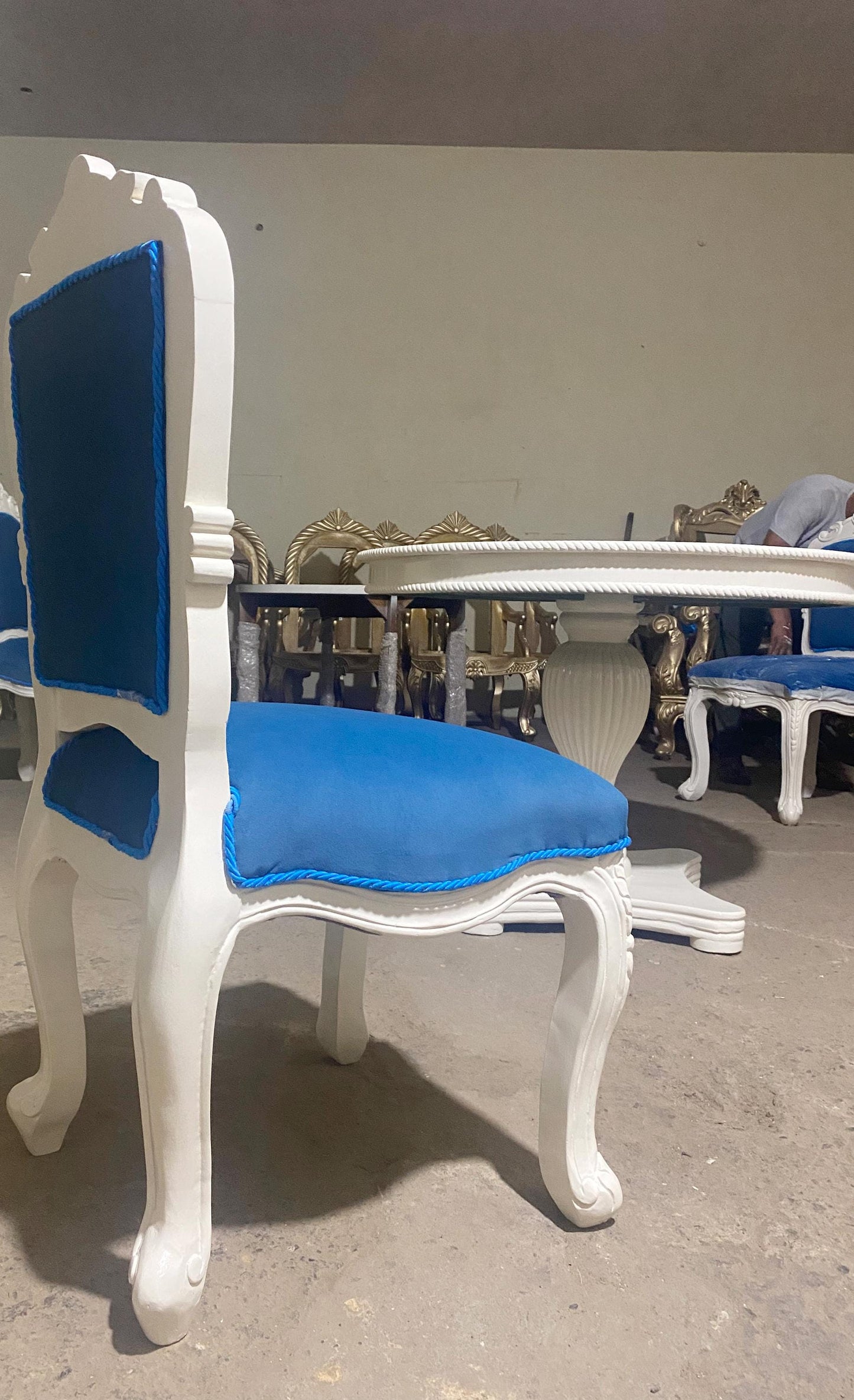 Hand Carved Rococo Dining Table & Blue Tufted Chairs - Off White