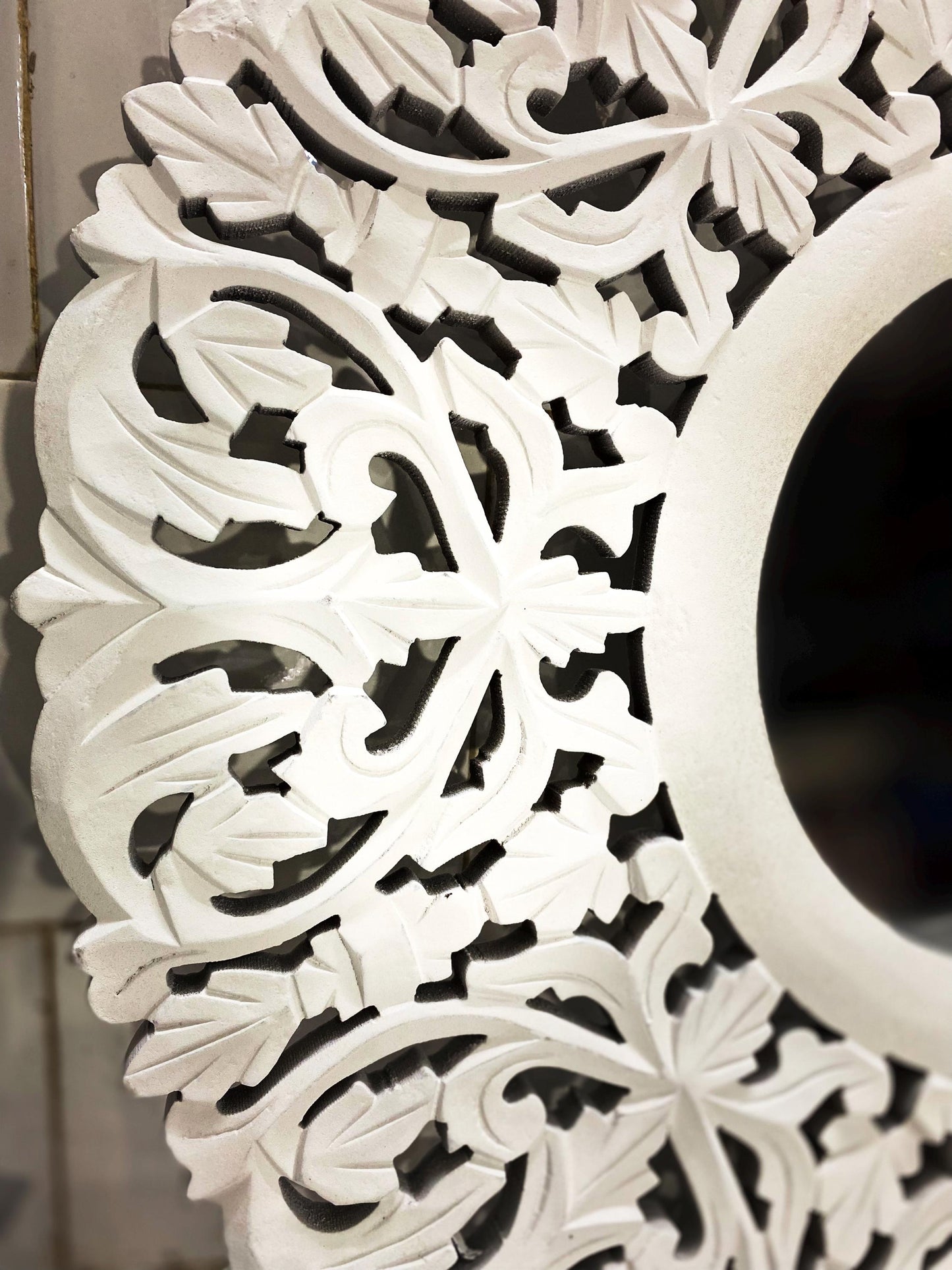 Handmade Carved Wood Mirror Frame: White Wall Hanging Decor