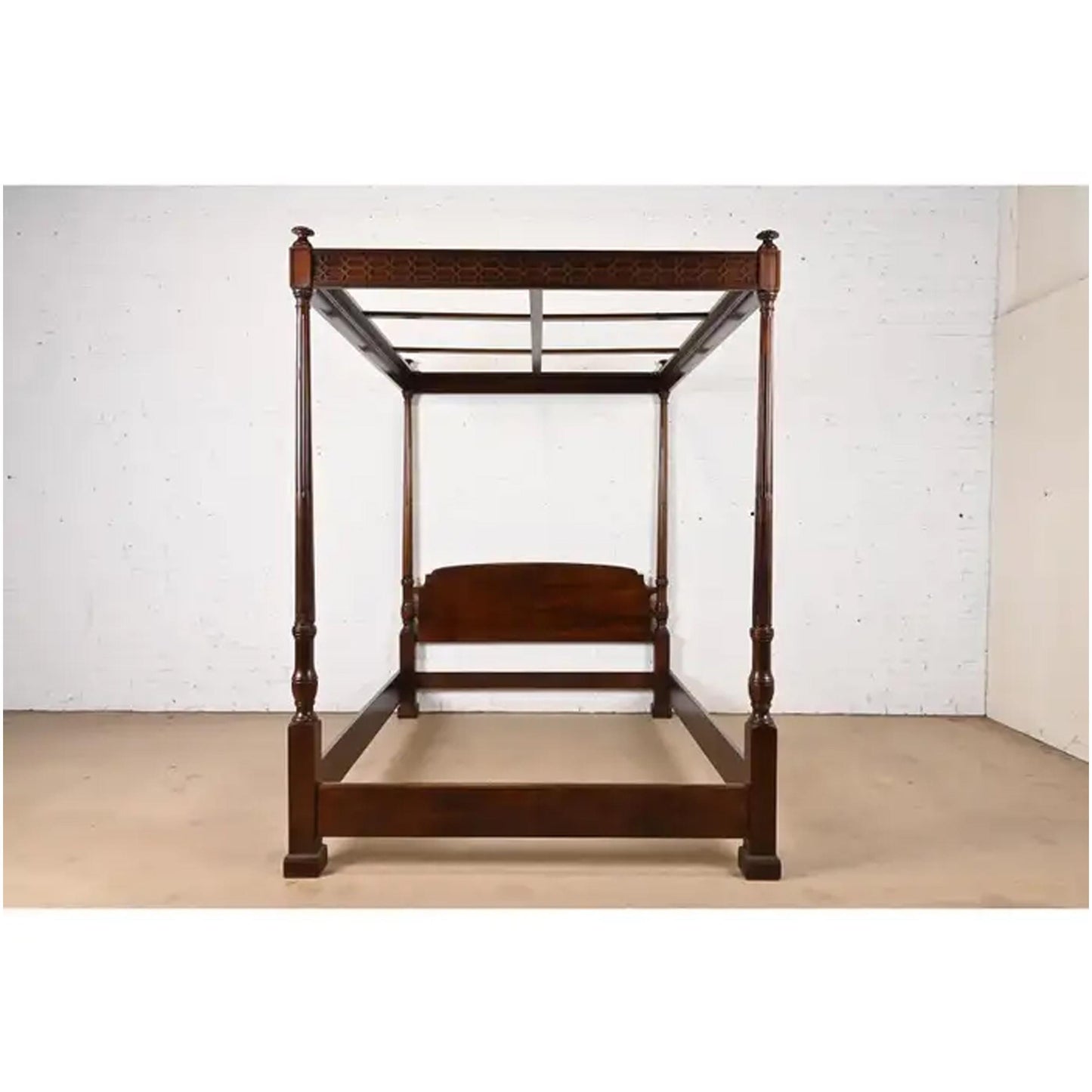 Handmade Carved Mahogany Canopy Bed: Mid-Century Modern King/Queen