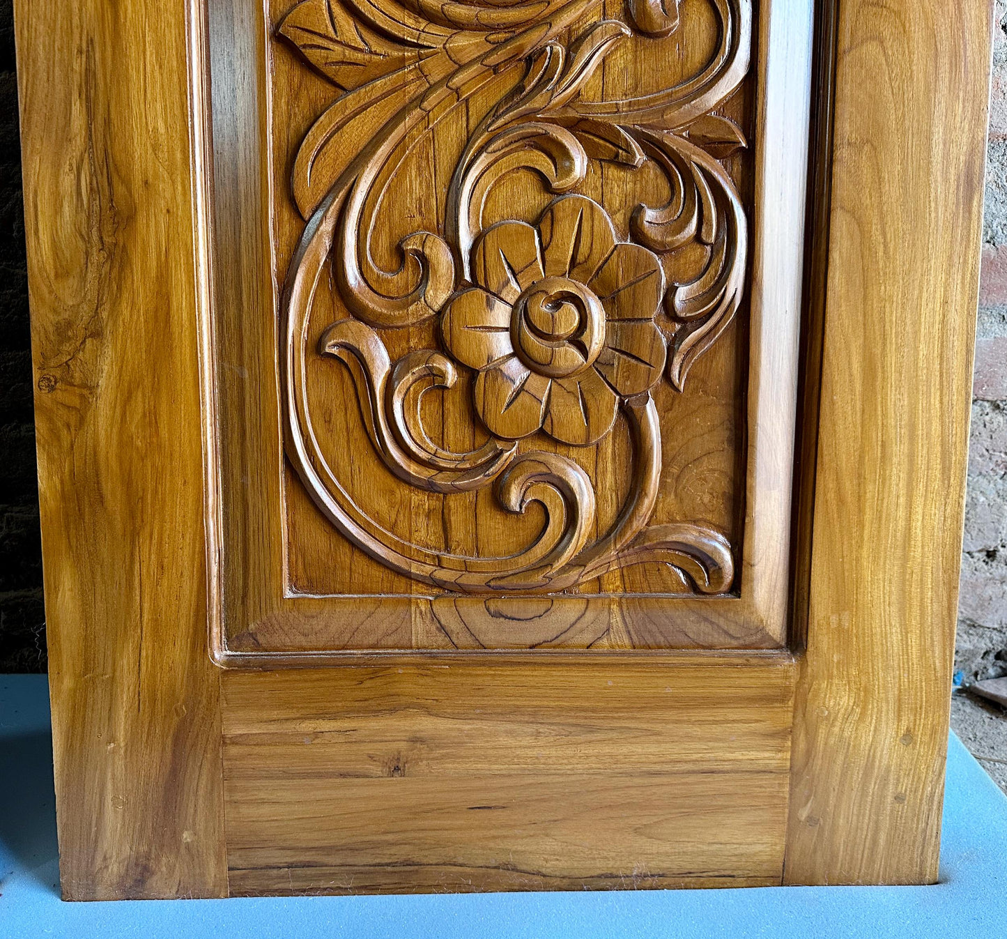 Hand Carved Teak Wood Door: Floral Wall Panel, Custom Size