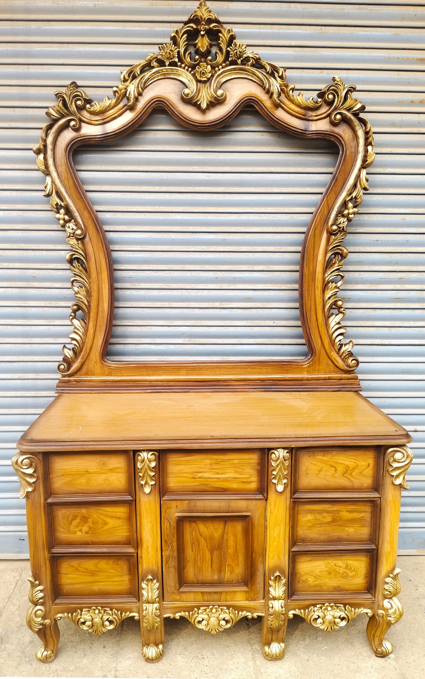 Large Carved Teak Wood Vanity Table with Mirror