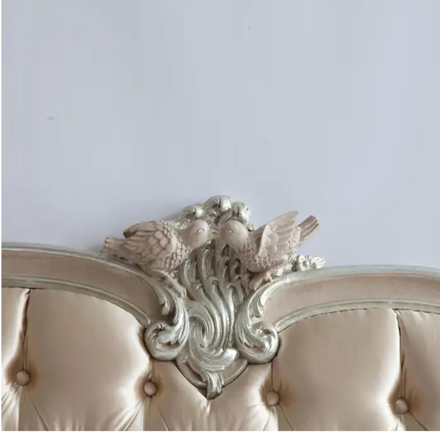 Handmade Giltwood Bed Frame: Louis XV Rococo Style, Tufted Headboard