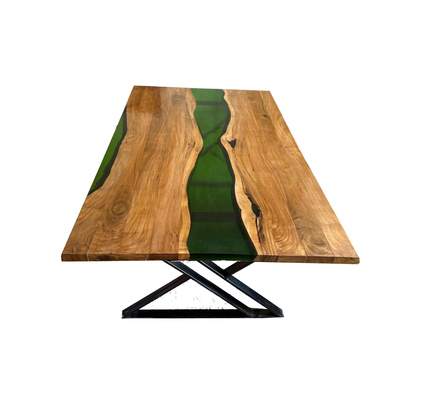 Handmade Live Edge Teak & Epoxy Dining Table with Metal Legs