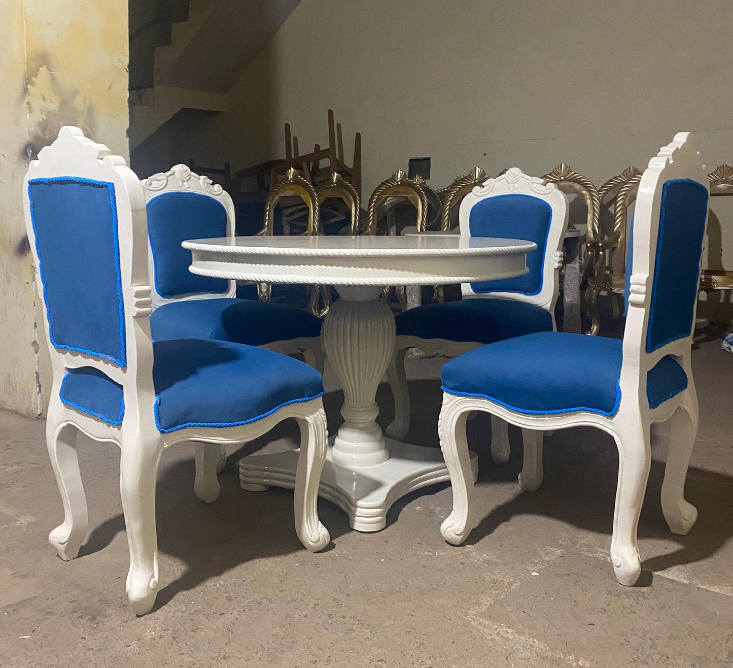 Hand Carved Rococo Dining Table & Blue Tufted Chairs - Off White