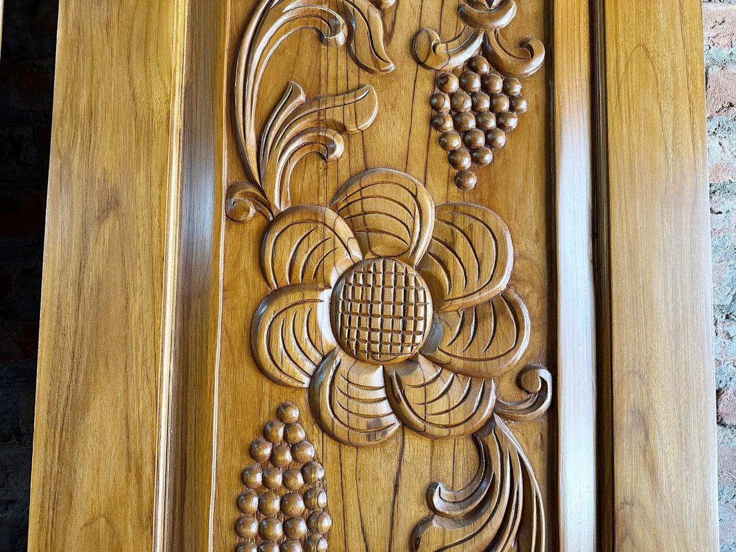 Hand Carved Teak Wood Door: Floral Wall Panel, Custom Size