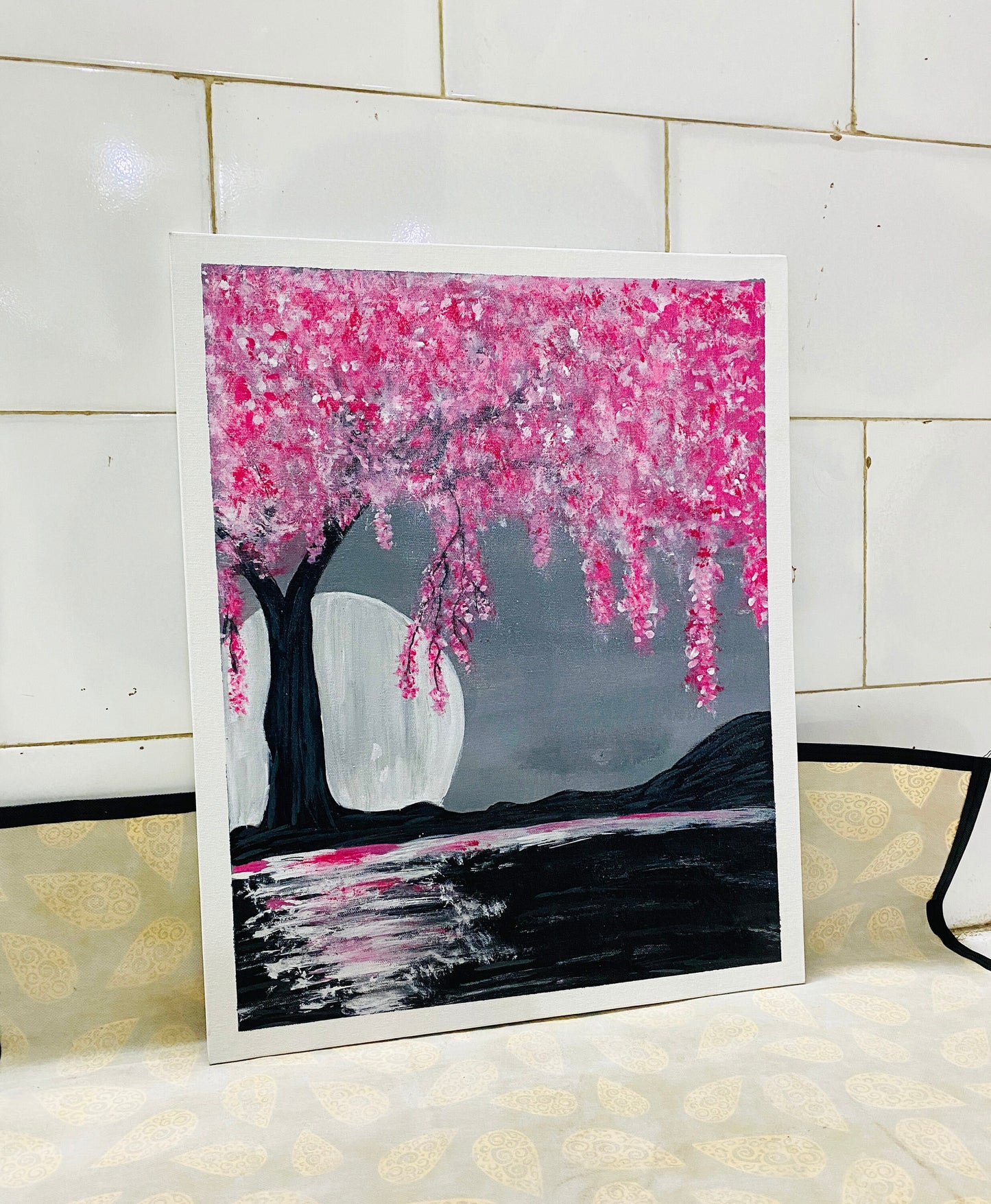 Hand Painted Full Moon With Aglaonema Tree Painting on canvas, Wall décor for home and office