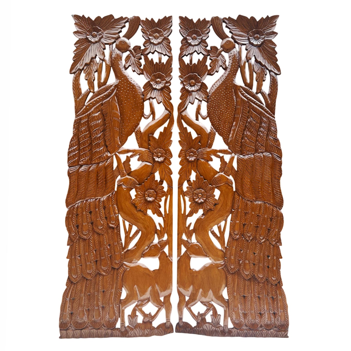 Mid-Century Modern Carved Wood Wall Panels: Peacock & Deer Art, Set of 2