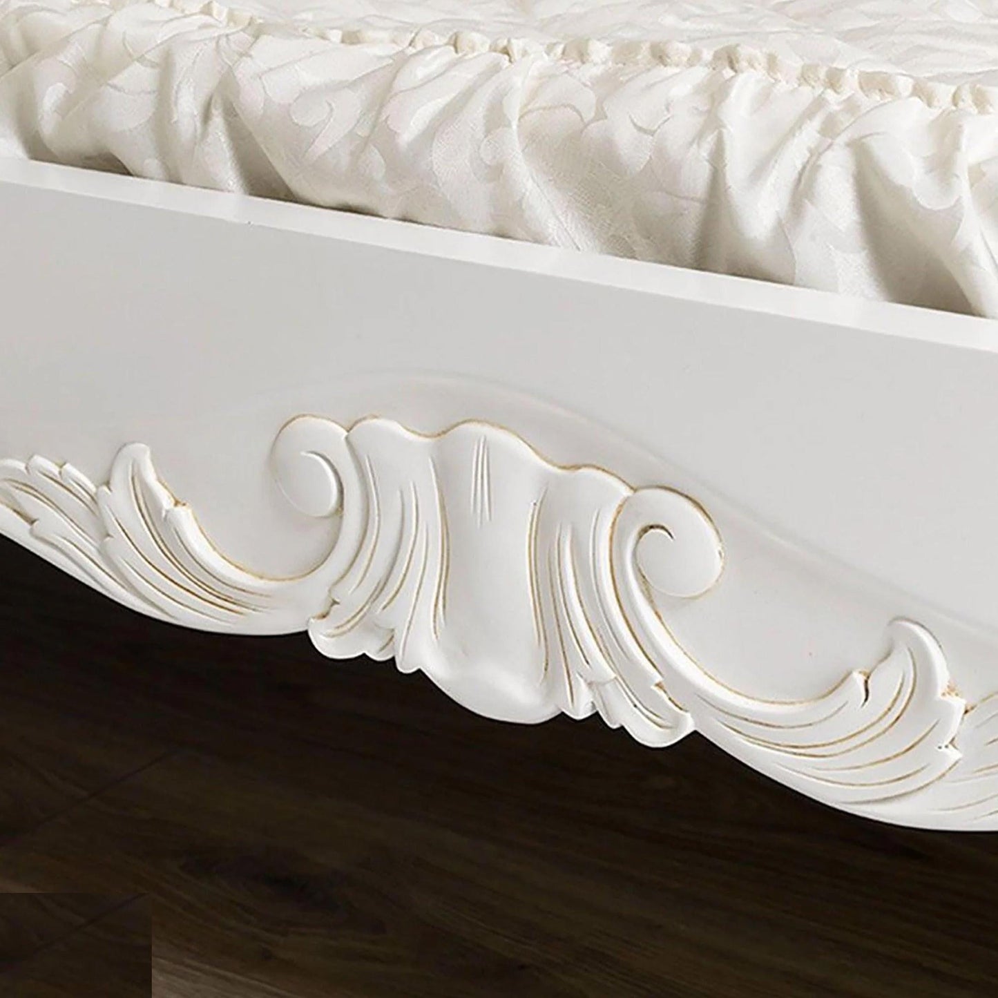 Louis XV Style Bed Frame: White & Silver Giltwood, Tufted Headboard