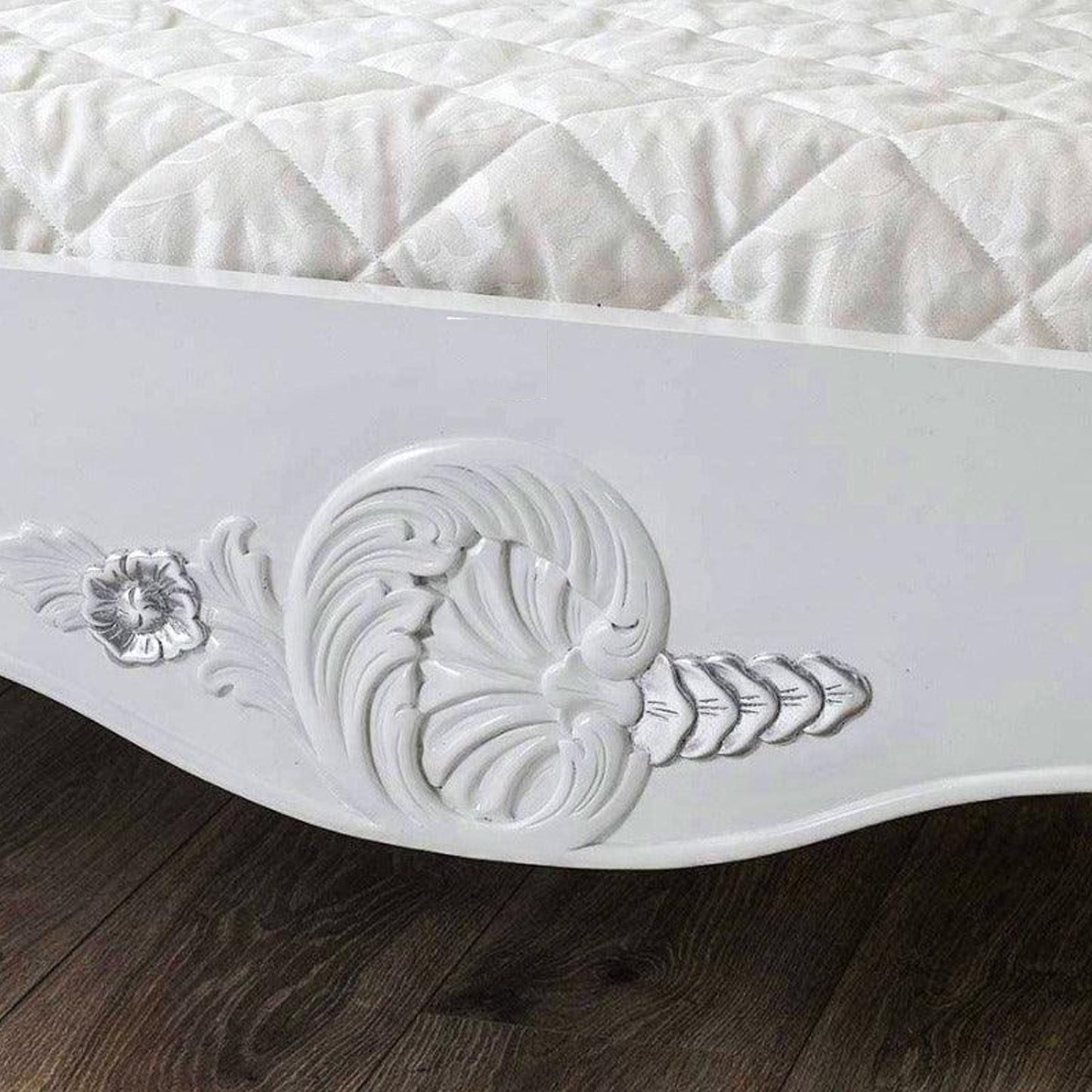 Louis XV Style Bed Frame: White & Silver Giltwood, Tufted Headboard