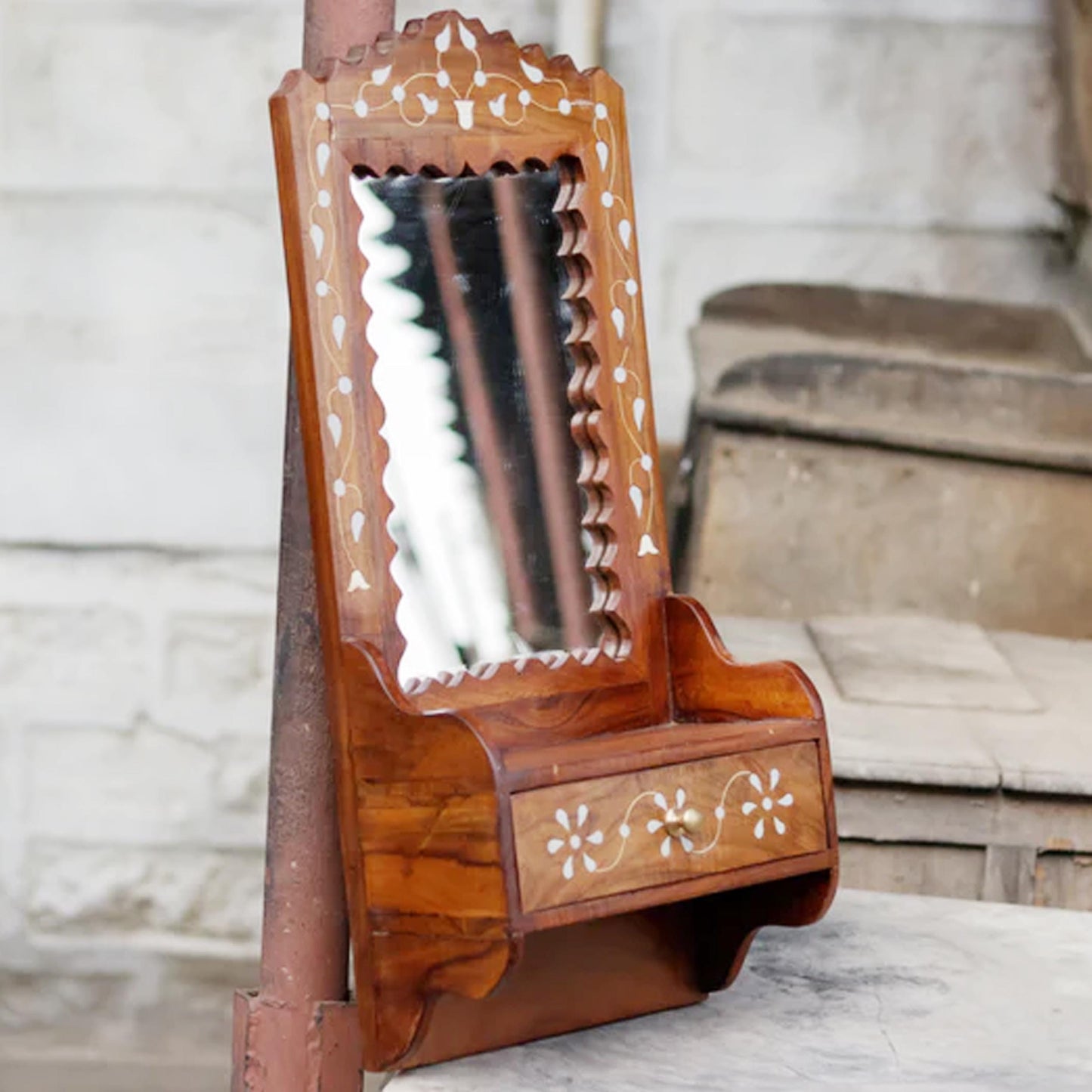 Hand Painted Wood Wall Hanging Mirror with Shelf: Mid-Century Decor