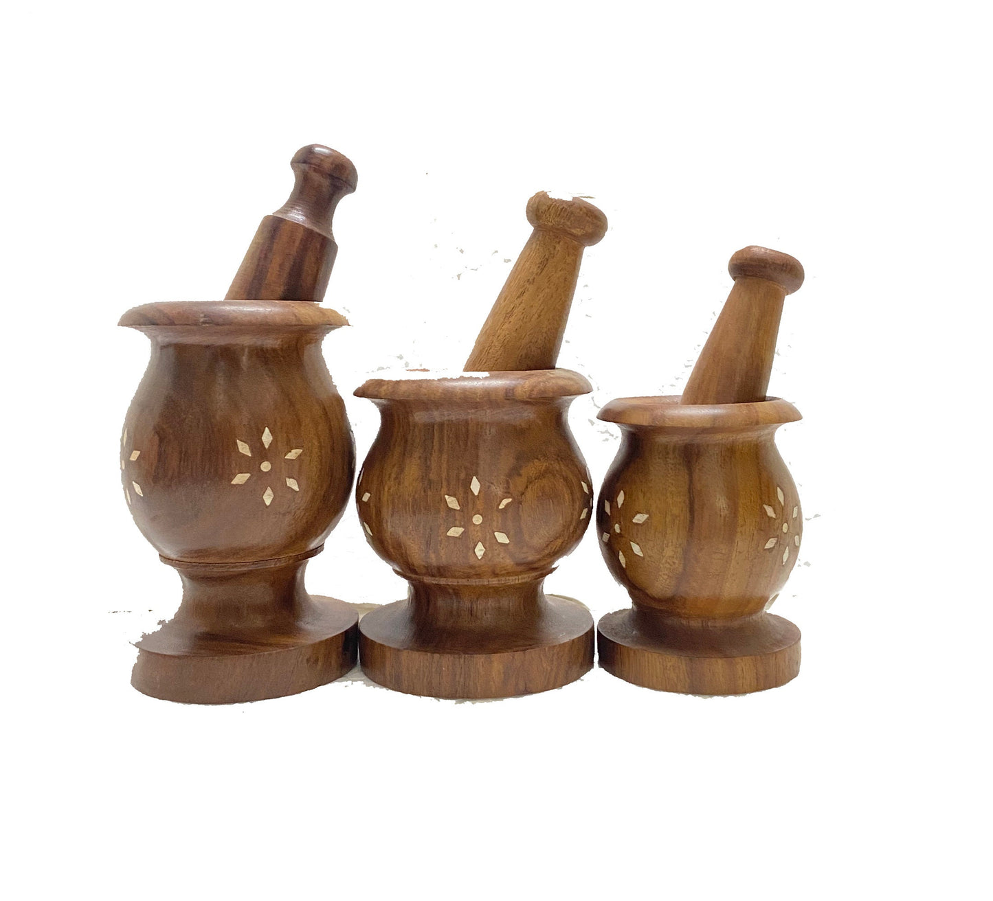 3 x Wooden mortar & pestle set, handmade Flower engraved design spice grinder