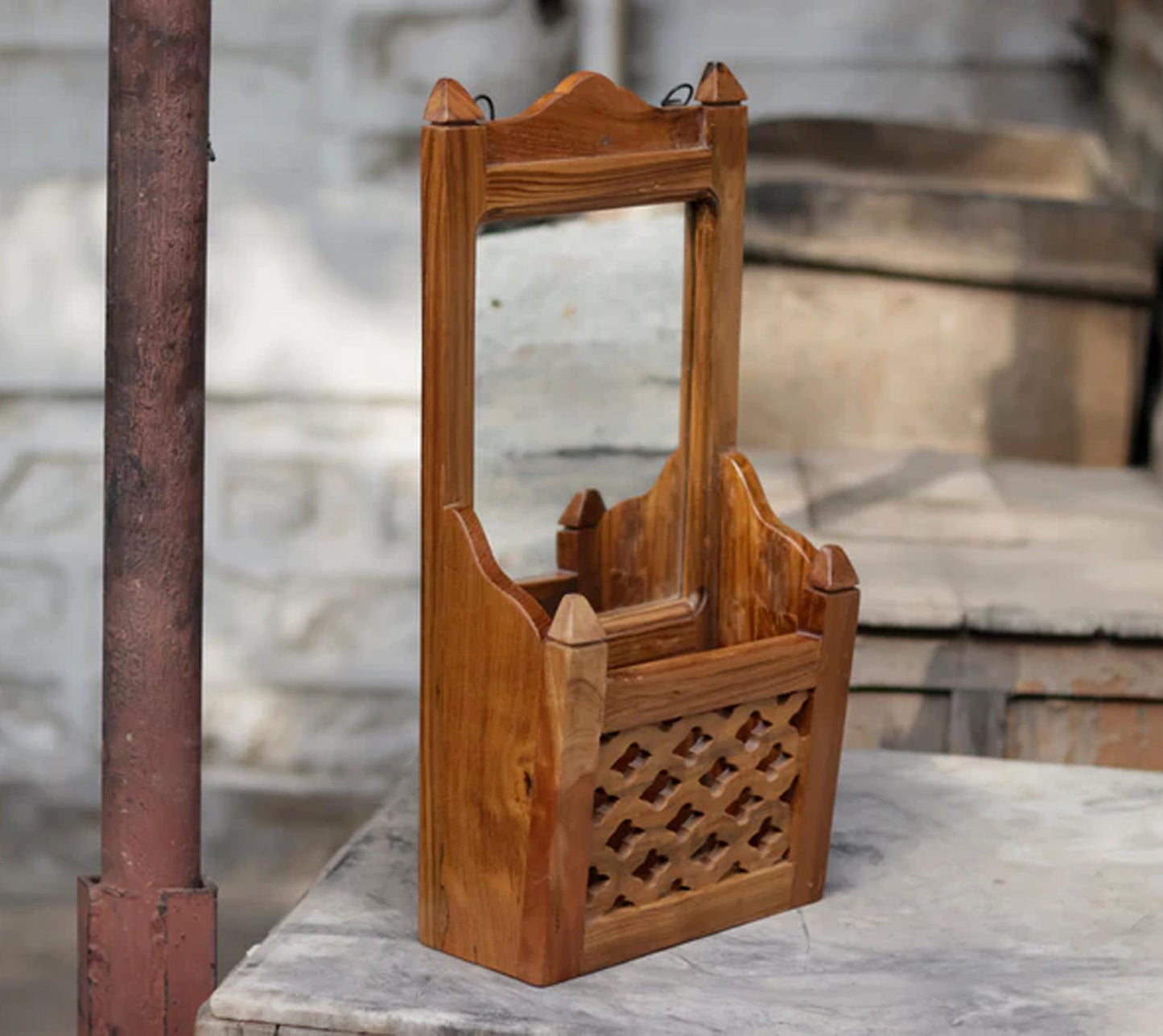 Handmade Wood Wall Hanging Mirror with Shelf: Mid-Century Organizer