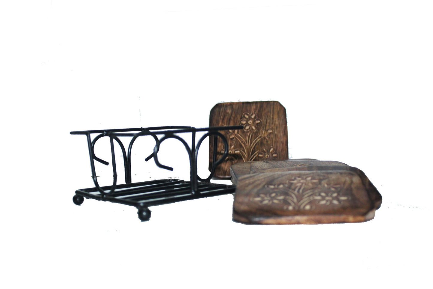 Iron wood Coaster set of 6, handmade carved coaster with metal Stand