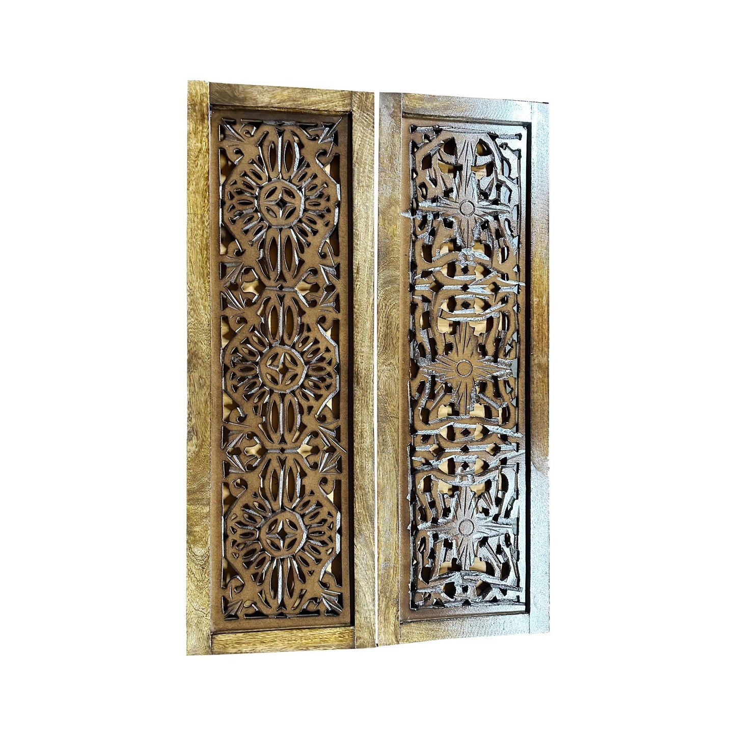 Mid-Century Modern Wood Wall Panel: Brown Flower Carving, 72x24 Inches