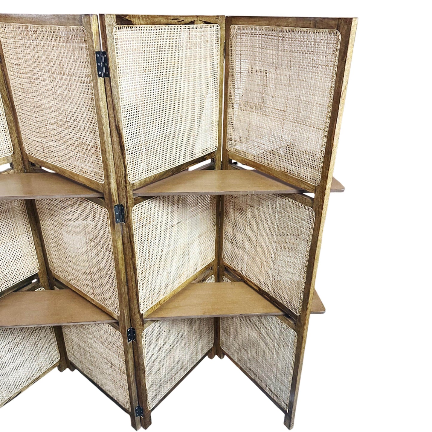 Natural Rattan cane Room partition Screen with shelf , Folding Divider, Mid-century Separator shelf organiser