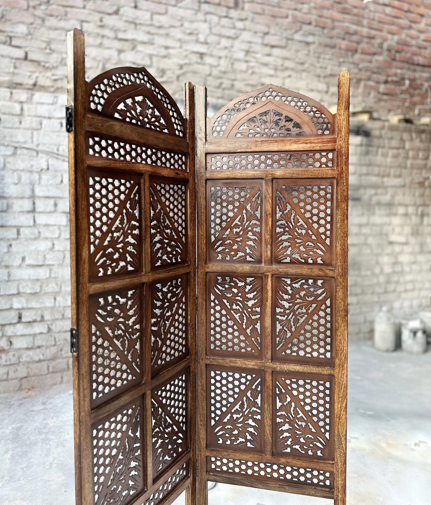 Mid century Mesh and block Style 5 feet height Wooden Folding Divider, Partition, Handmade Self standing separator